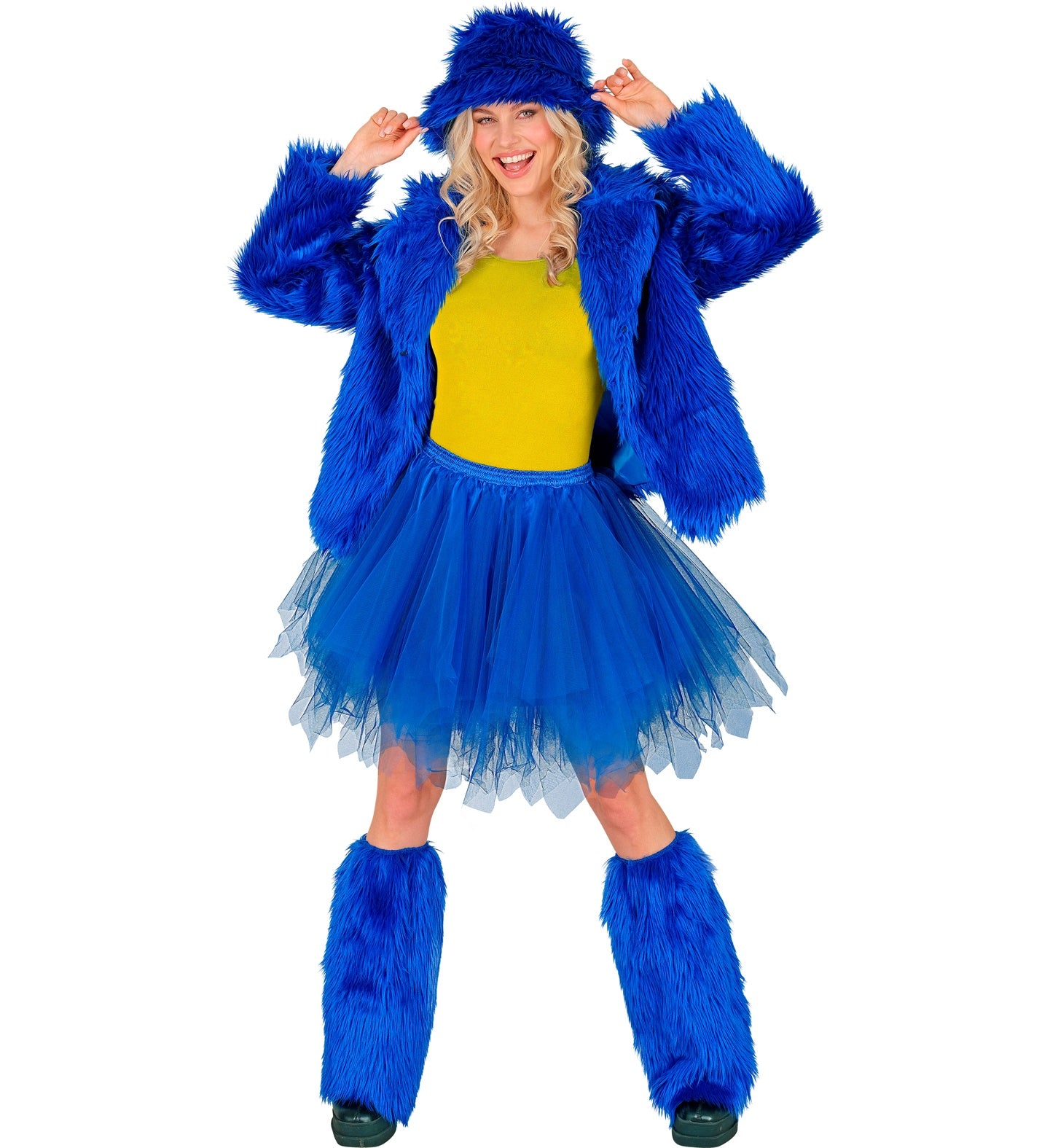 Woman in a blue fuzzy monster/rave outfit, including a blue coat, hat, leg warmers, and the blue layered tutu skirt.