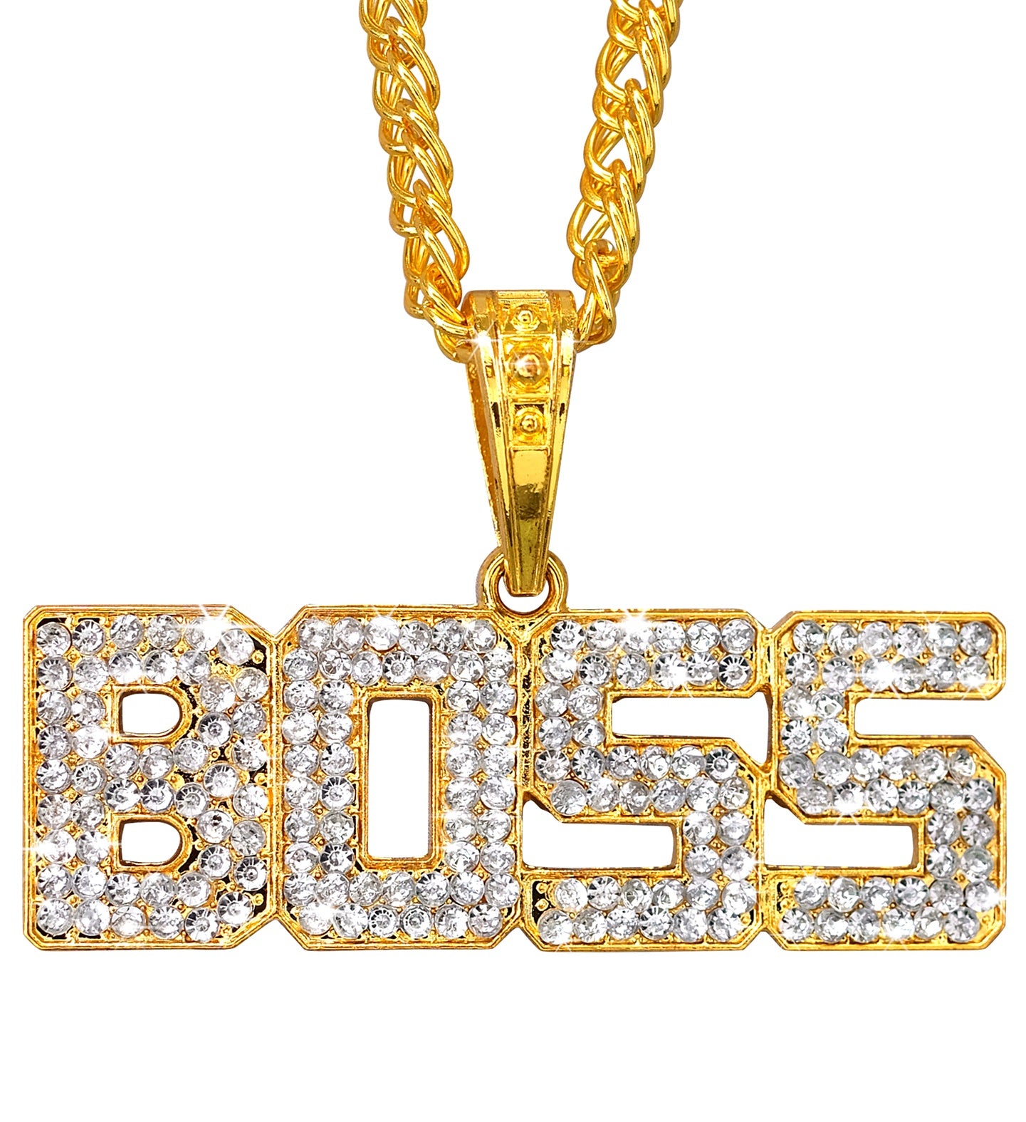 Close-up view of the gold "BOSS" pendant encrusted with shimmering strass diamonds on a gold-tone rope chain.