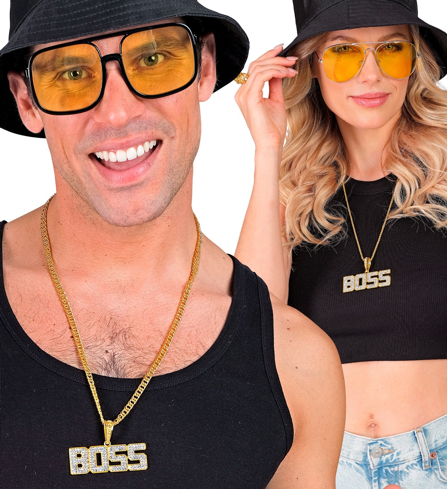 A man and woman wearing matching "BOSS" gold necklaces with glittery diamond pendants, styled with bucket hats and yellow-tinted sunglasses.