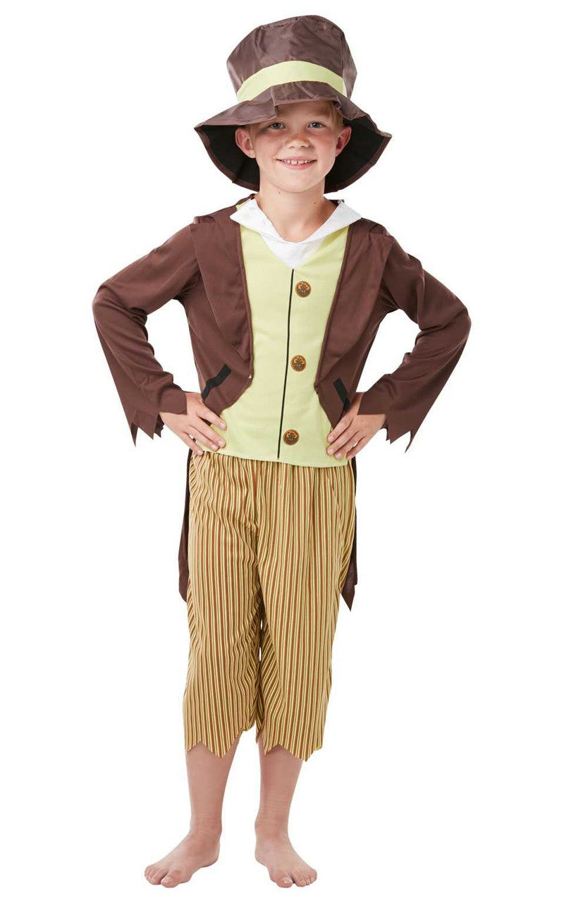 Boy wearing a Victorian Pickpocket costume, featuring a brown jacket with an attached light green vest, striped knee-length trousers, and a brown top hat.