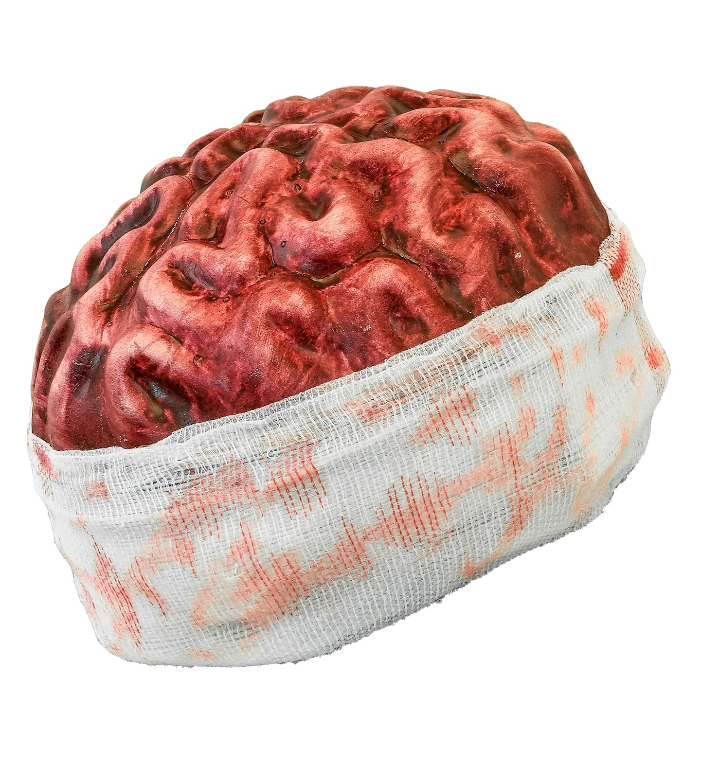 A realistic exposed bloody brain fancy dress headpiece featuring glossy red brain folds surrounded by a blood-stained white gauze bandage wrap.