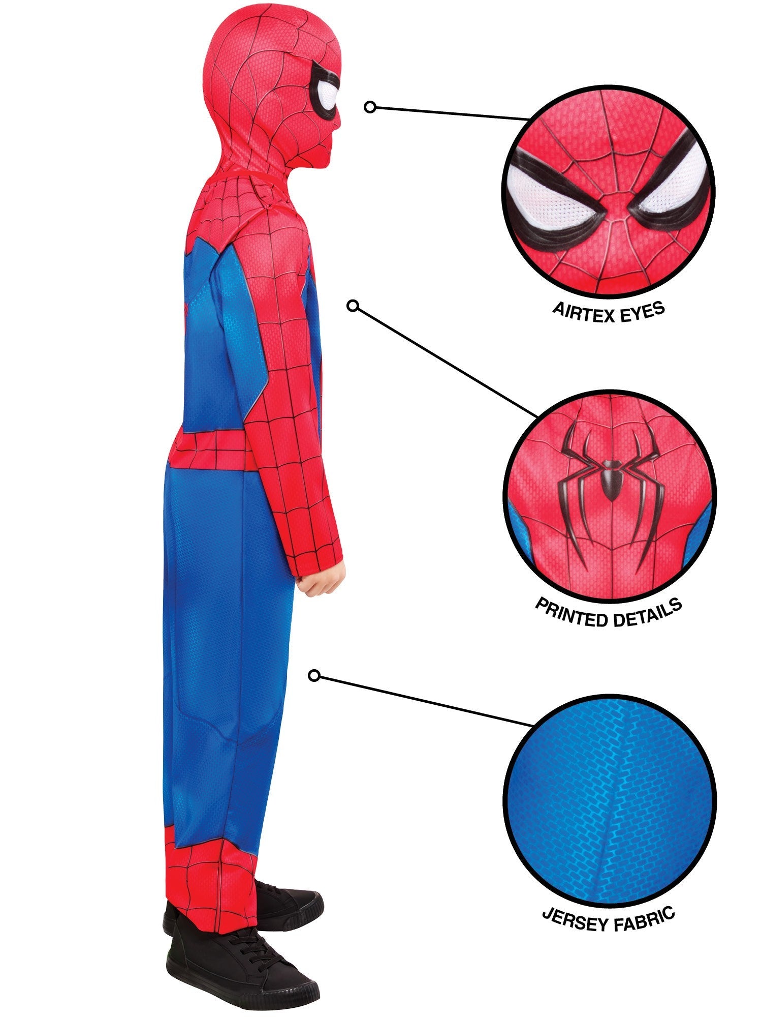 Side profile of the children's Spider-Man costume featuring close-up callouts of the breathable airtex eyes, printed chest details, and soft blue jersey fabric.