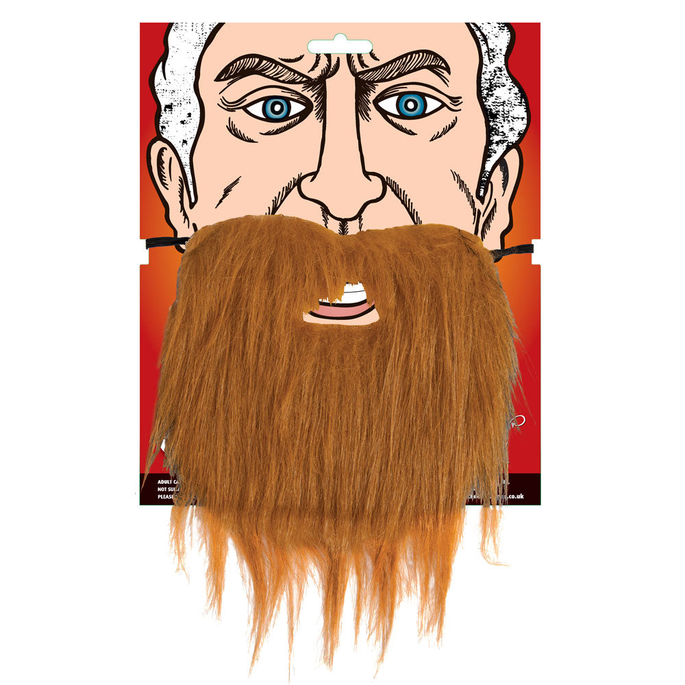 A fancy dress brown costume beard accessory displayed on a cardboard packaging backing showing an illustrated face, featuring long synthetic brown hair with an attached black elastic band.