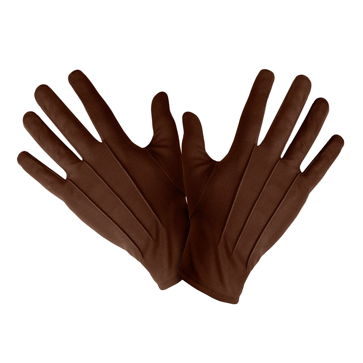 A flat lay product shot of a pair of 100% polyester short brown adult costume gloves, featuring three stitched detail lines on the back of the hands.