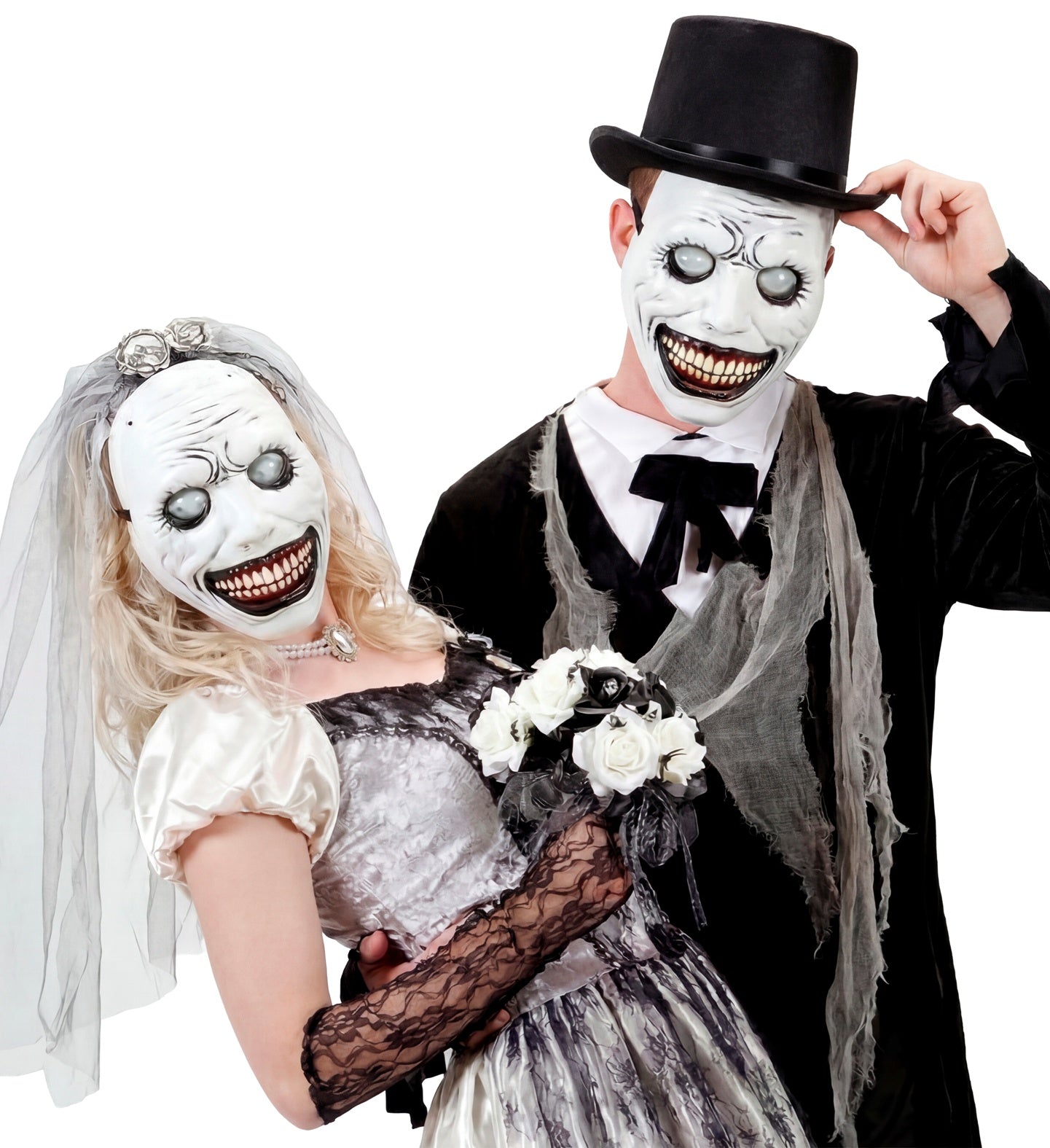 Two models posing as a creepy undead bride and groom, with the groom wearing a black top hat, tattered suit, and the pale white Bubble Eyes monster mask with a sinister smile.