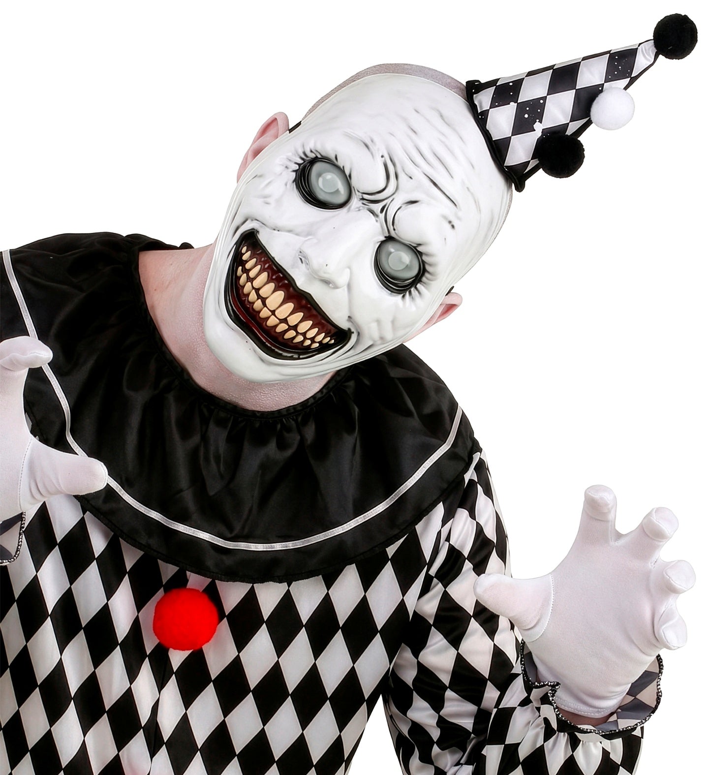A model posing aggressively in a black and white checkered clown costume with a matching jester hat, wearing a terrifying pale white monster mask with bulging cloudy eyes.