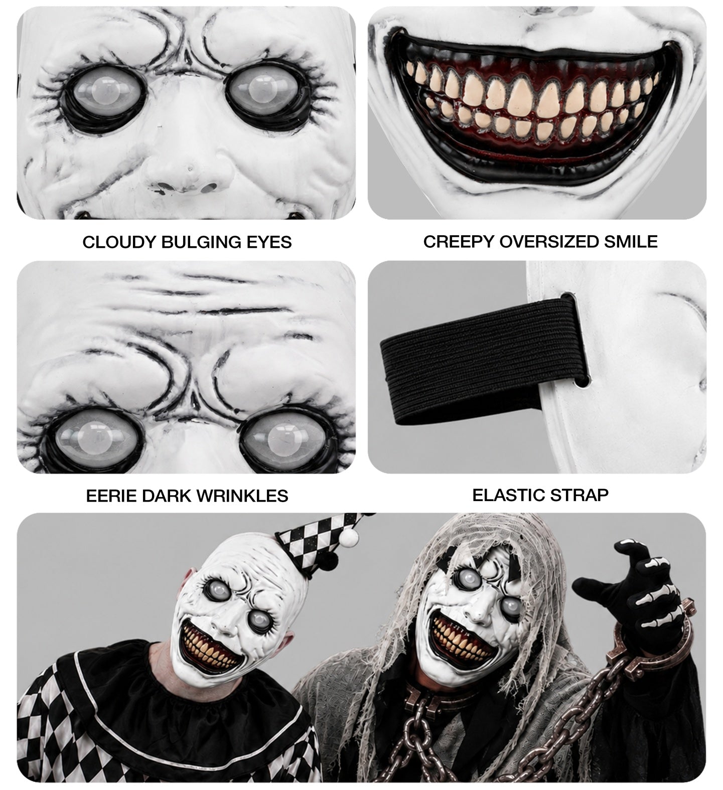 A multi-panel collage highlighting the terrifying details of the Bubble Eyes monster mask, showing close-ups of the cloudy bulging eyes, the creepy oversized smile with teeth, the eerie dark wrinkles on the forehead, and the black elastic head strap.