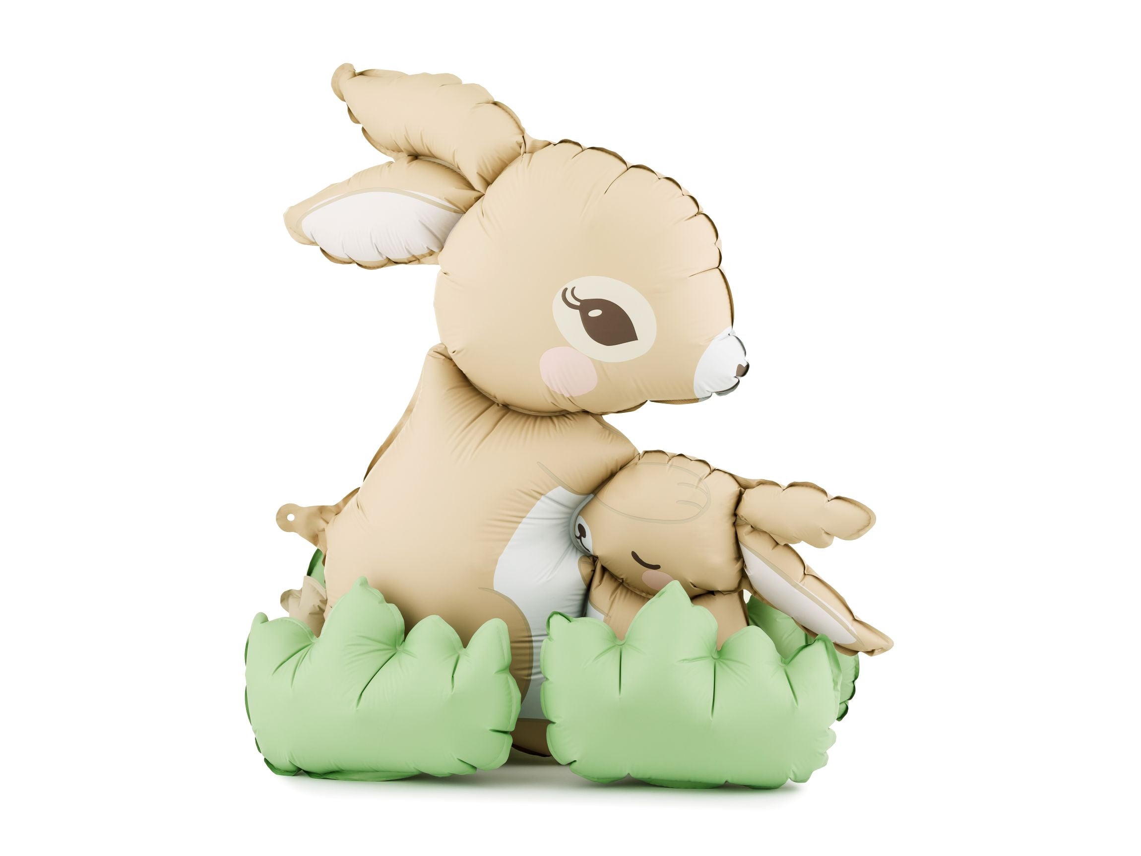 Side profile of a standing 3D foil balloon featuring a large tan bunny and a smaller bunny in a patch of green grass.