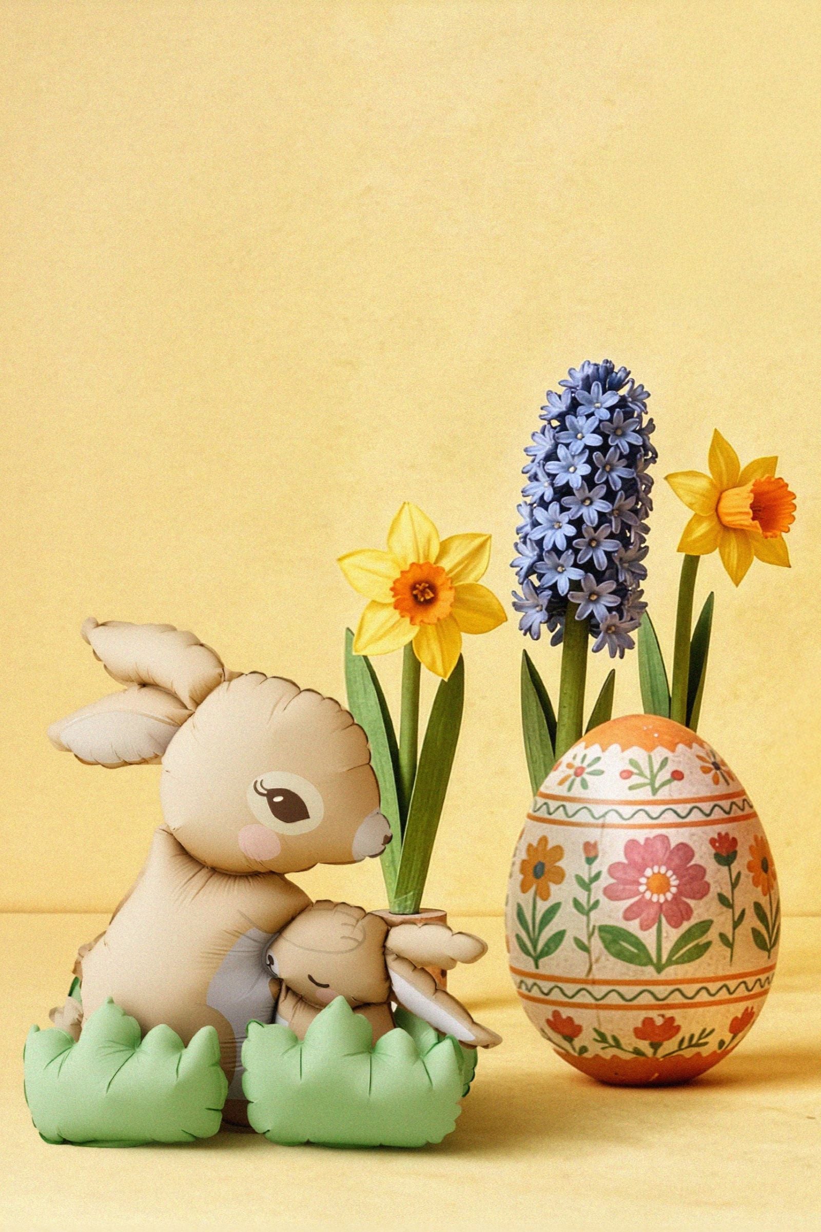 A giant 3D standing bunny foil balloon displayed in a spring setting with oversized daffodils and a floral Easter egg.