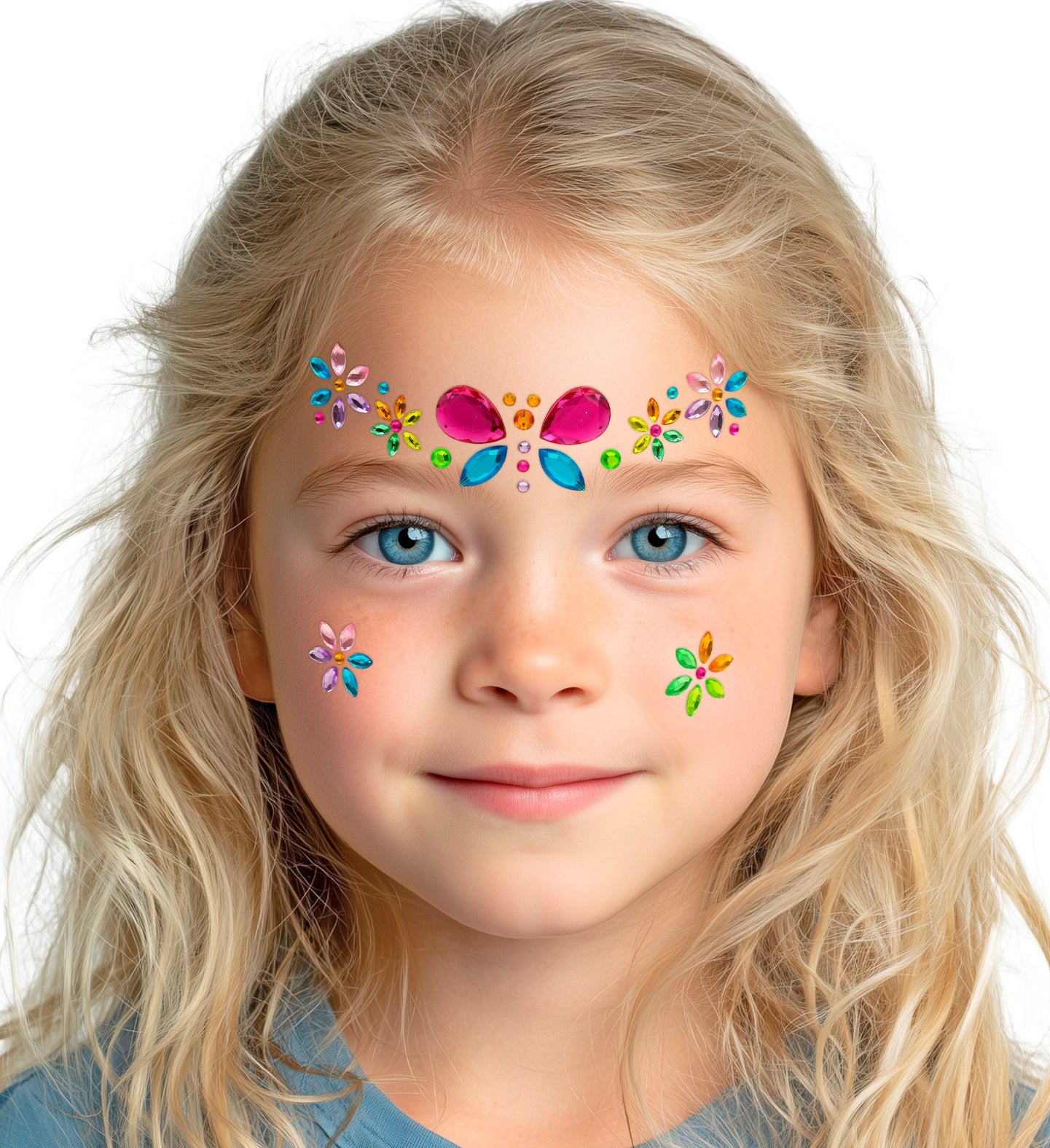Close-up of vibrant butterfly and floral face jewels applied to a child's face for a magical costume look.