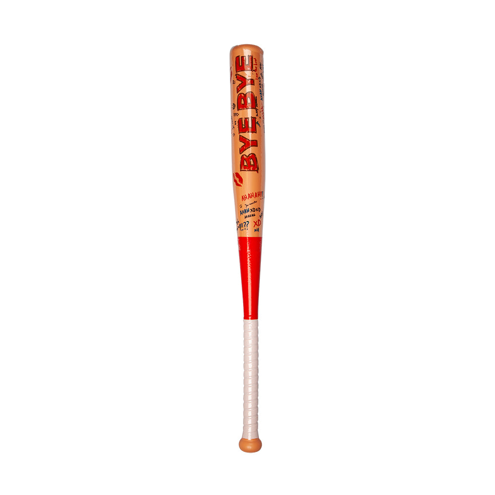 A 72cm prop baseball bat inspired by Harley Quinn, with 'BYE BYE' written on it and a white and red handle.