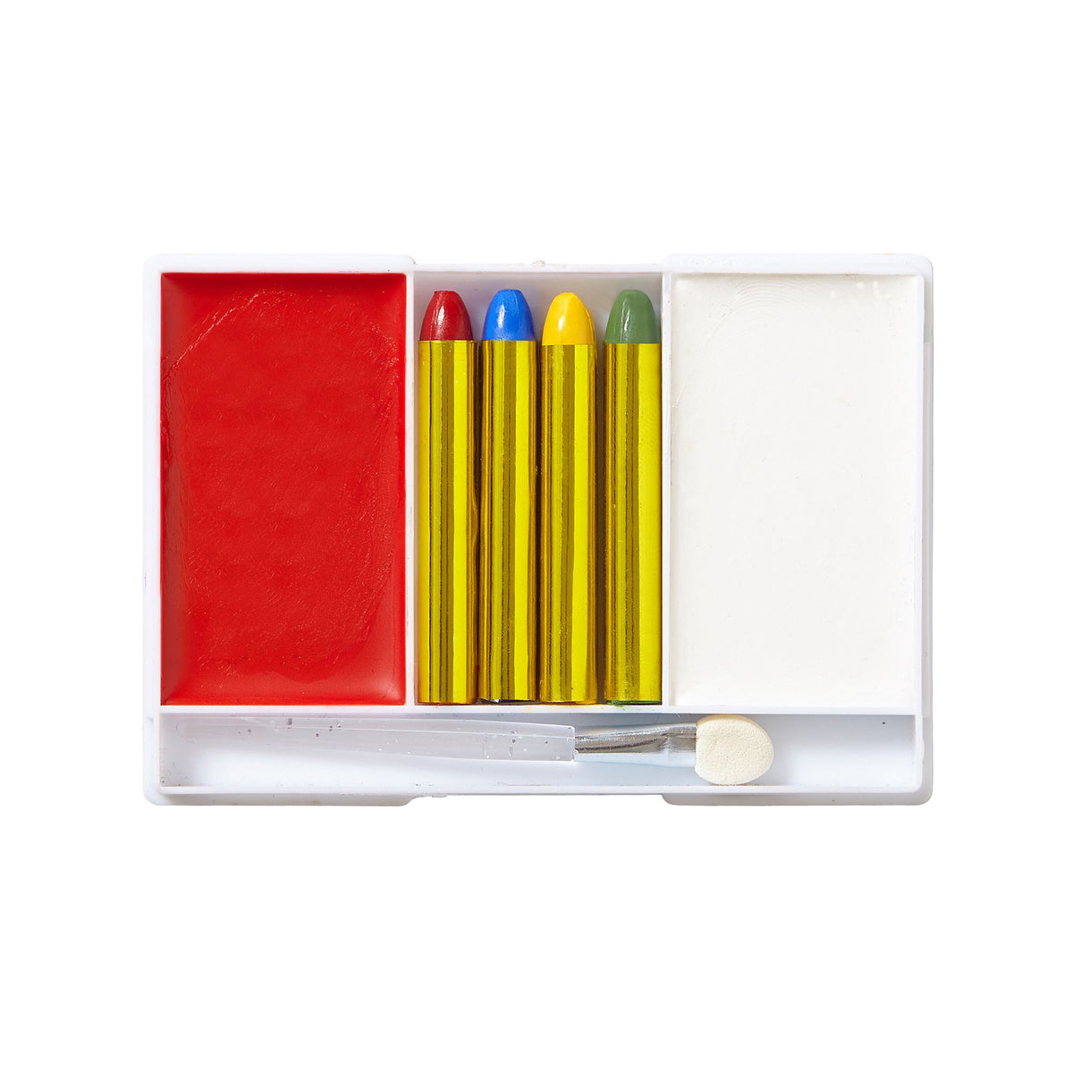 A small white plastic multi-compartment crayon and wax set on a plain white background. The set includes a white and red paints , four paint sticks in red, blue, yellow, and green and a small applicator
