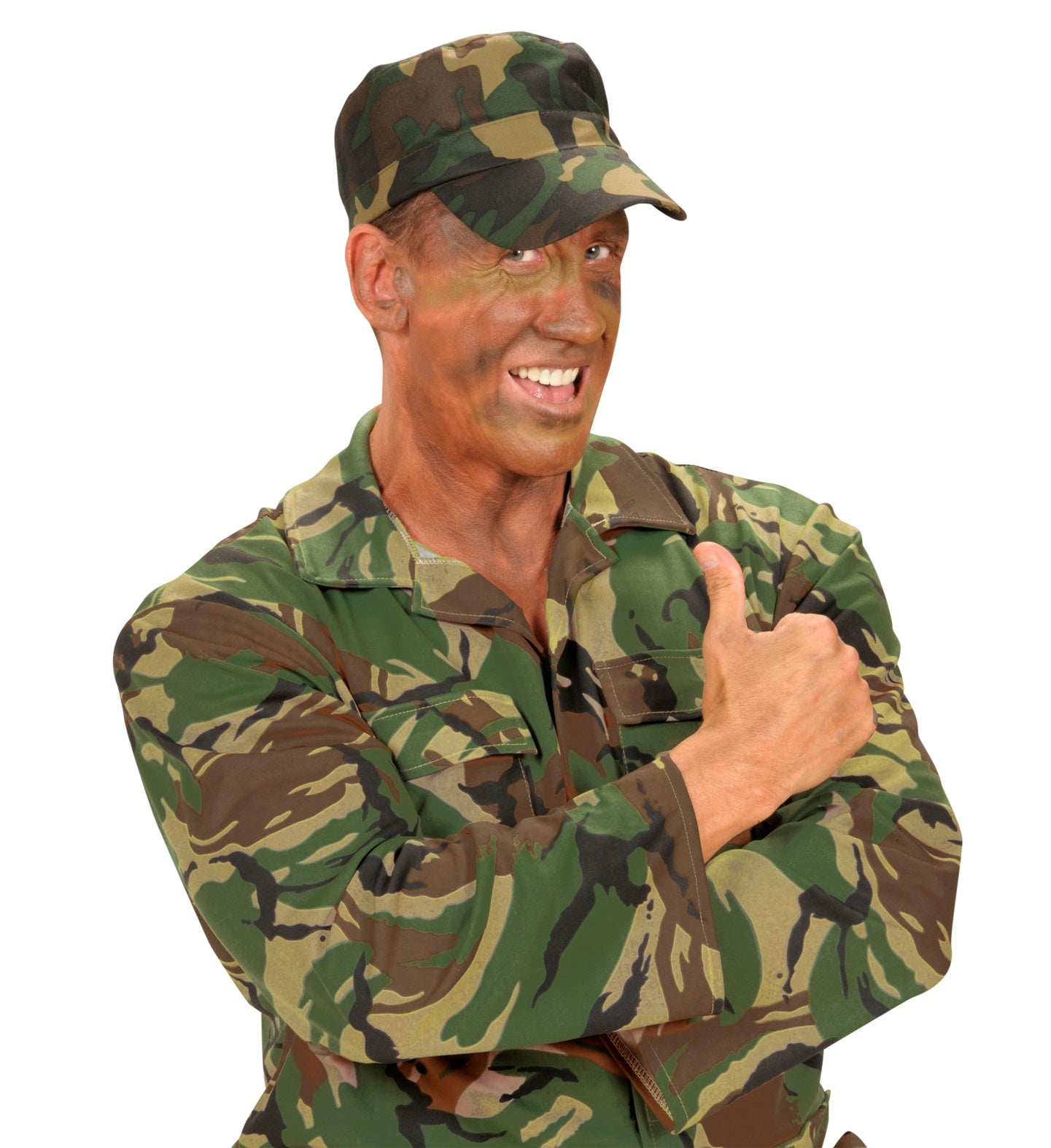 A man wearing a woodland camouflage military cap and matching army shirt, giving a thumbs up for a commando costume look.