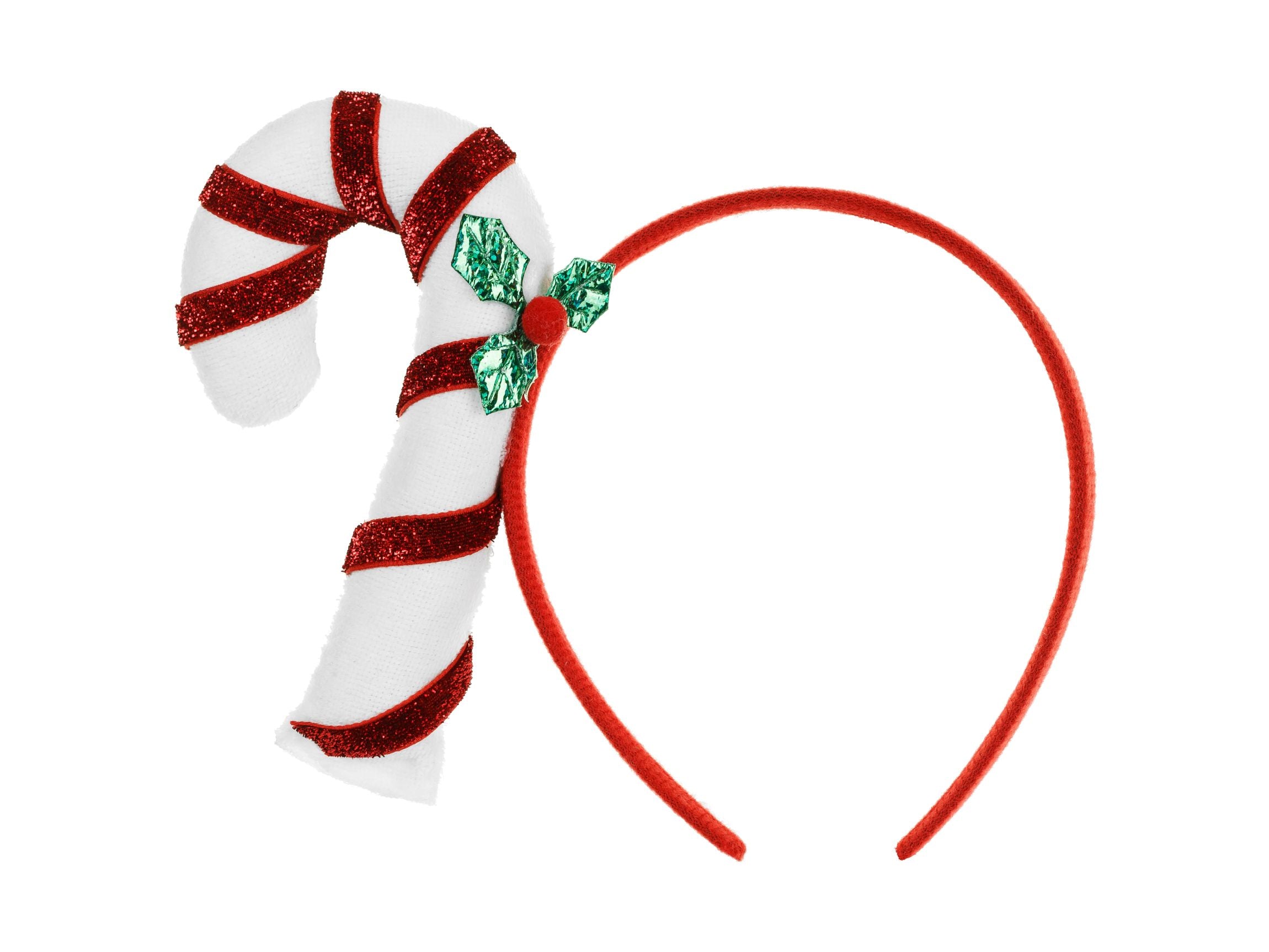 A red headband with a plush white candy cane attached, decorated with red glitter stripes and a green holly leaf.