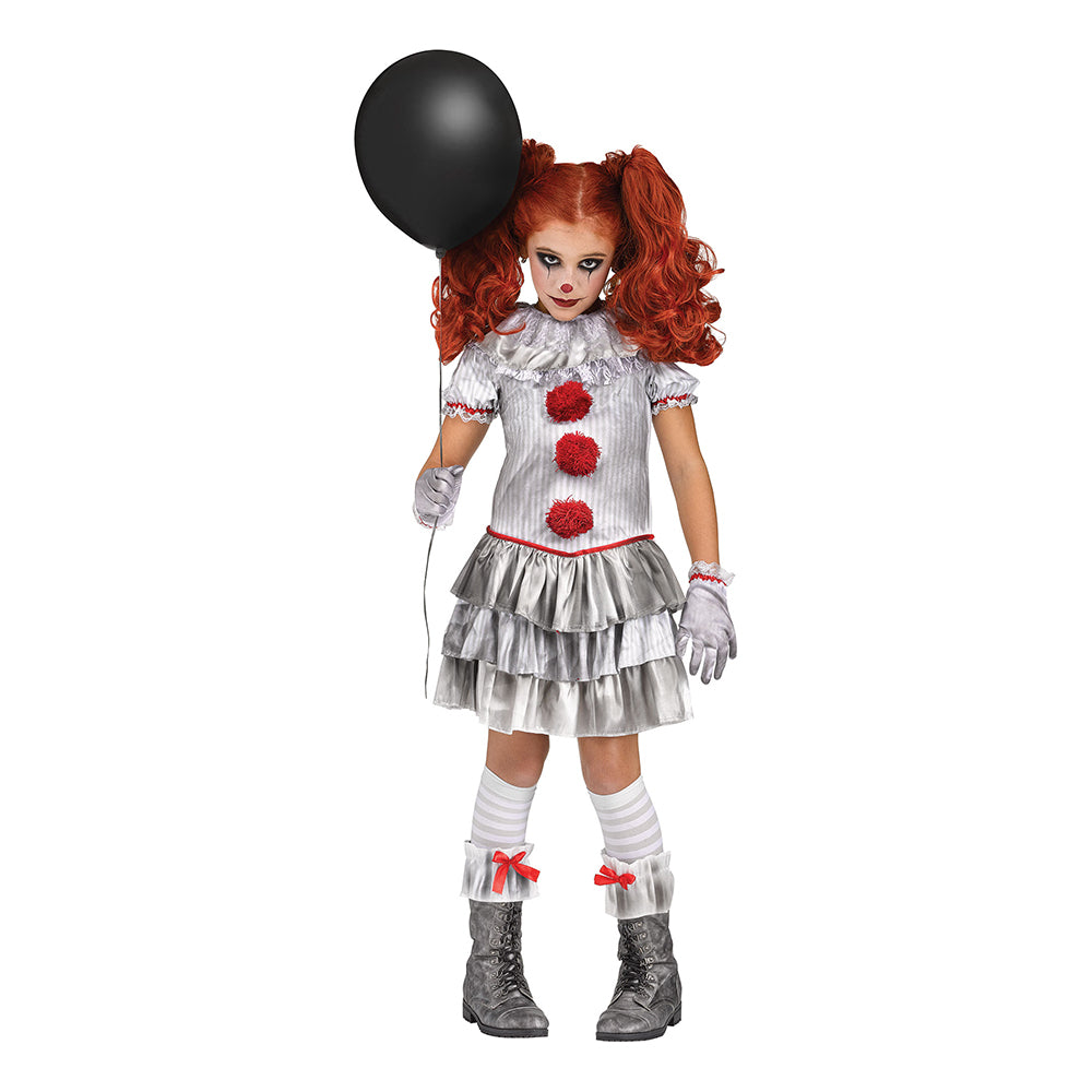 A girl in a scary-yet-stylish 'Carnevil' clown costume, which includes a silver and grey striped dress with red pom-poms, holding a black balloon.