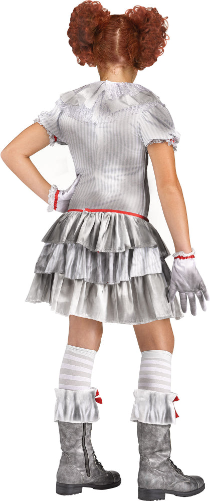 Back view of a girl's creepy clown costume, showing the tiered silver skirt, striped bodice, and matching striped knee-high socks with boot cuffs.