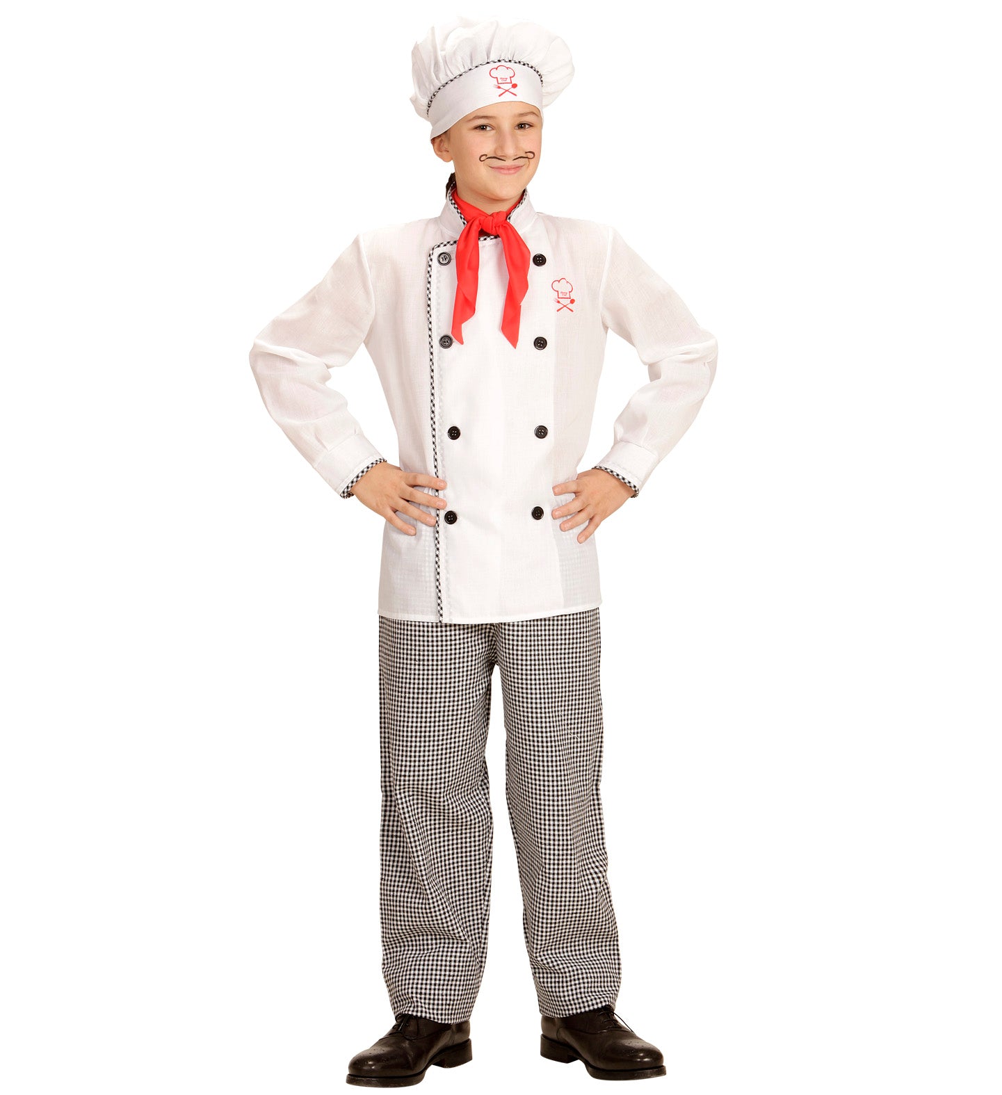Child modeling a complete chef costume featuring a white jacket with black buttons, checkered pants, and a tall white chef hat.