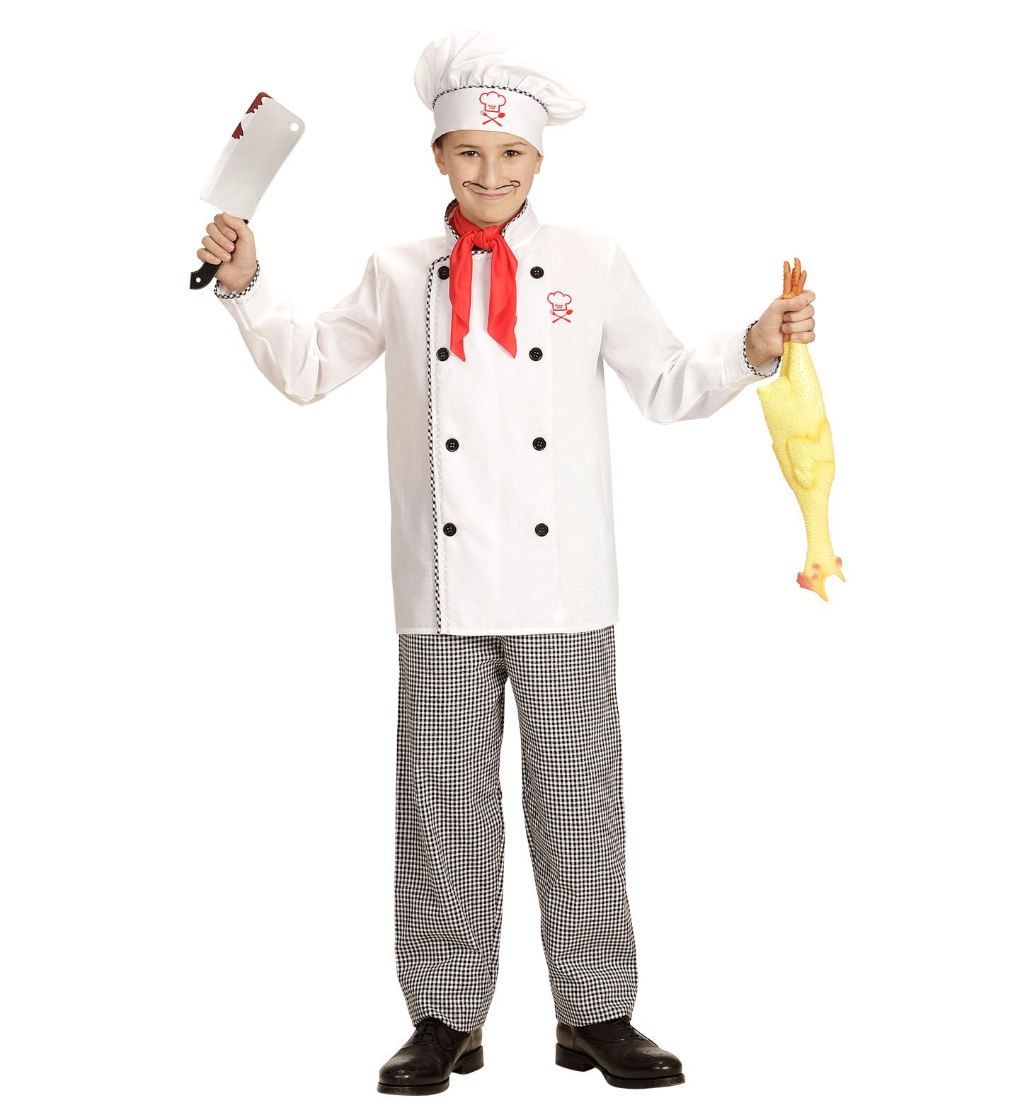 Child in a chef costume holding a toy cleaver and a rubber chicken for a fun, creative culinary look.