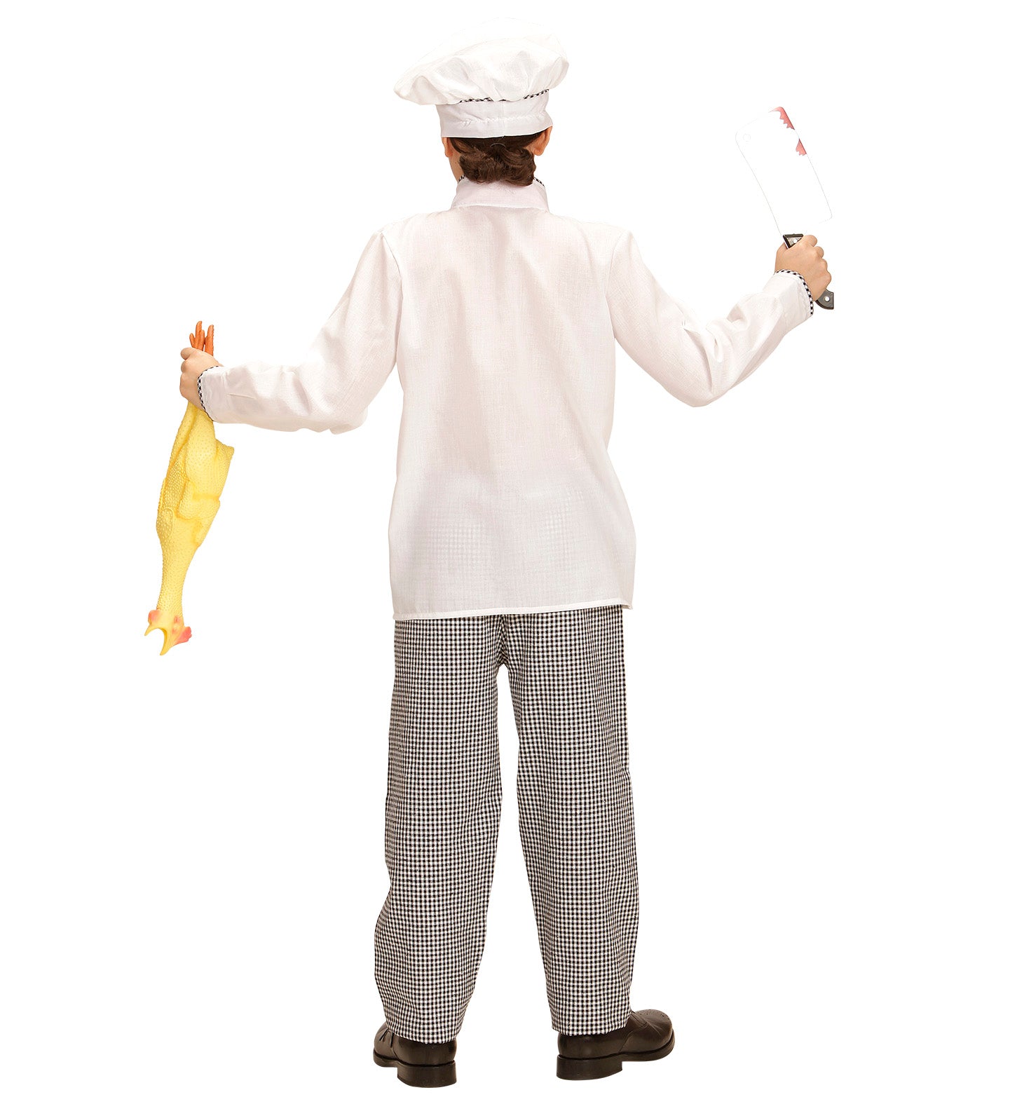 The back of the children's chef costume showing the high-quality fabric and comfortable fit of the white jacket.
