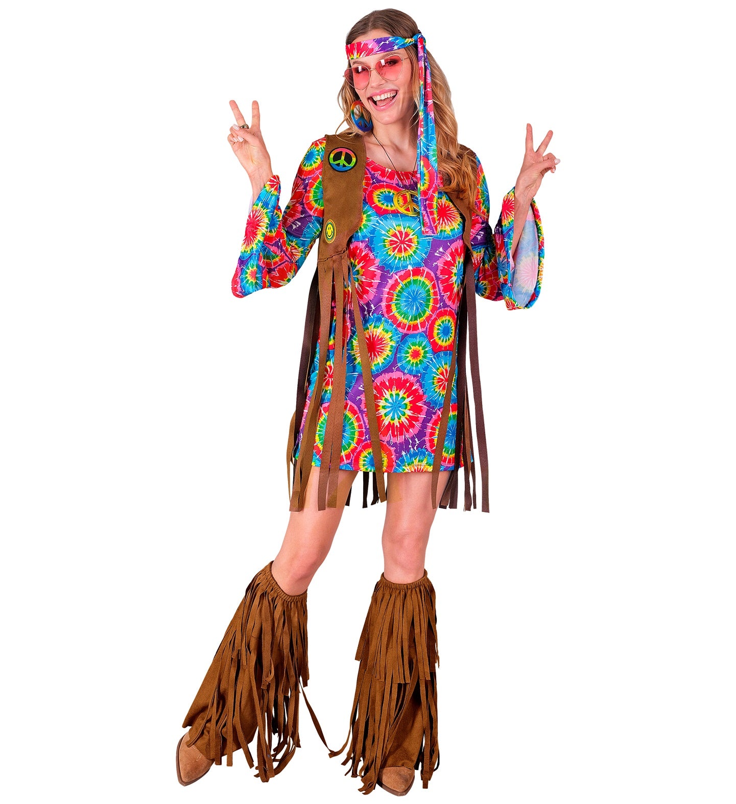 Woman modeling a complete Chic Hippie costume with a tie-dye dress, brown fringe vest, and yellow peace necklace.