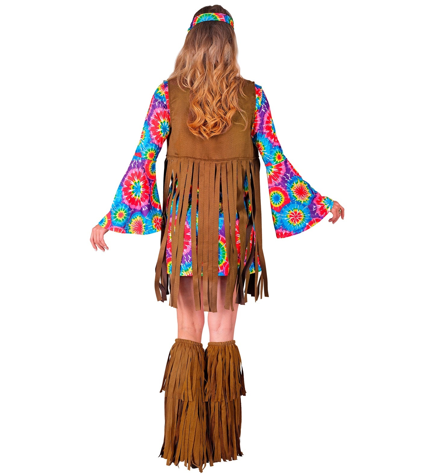 The back view of the women's hippie costume showing the long fringe on the vest and vibrant tie-dye pattern.