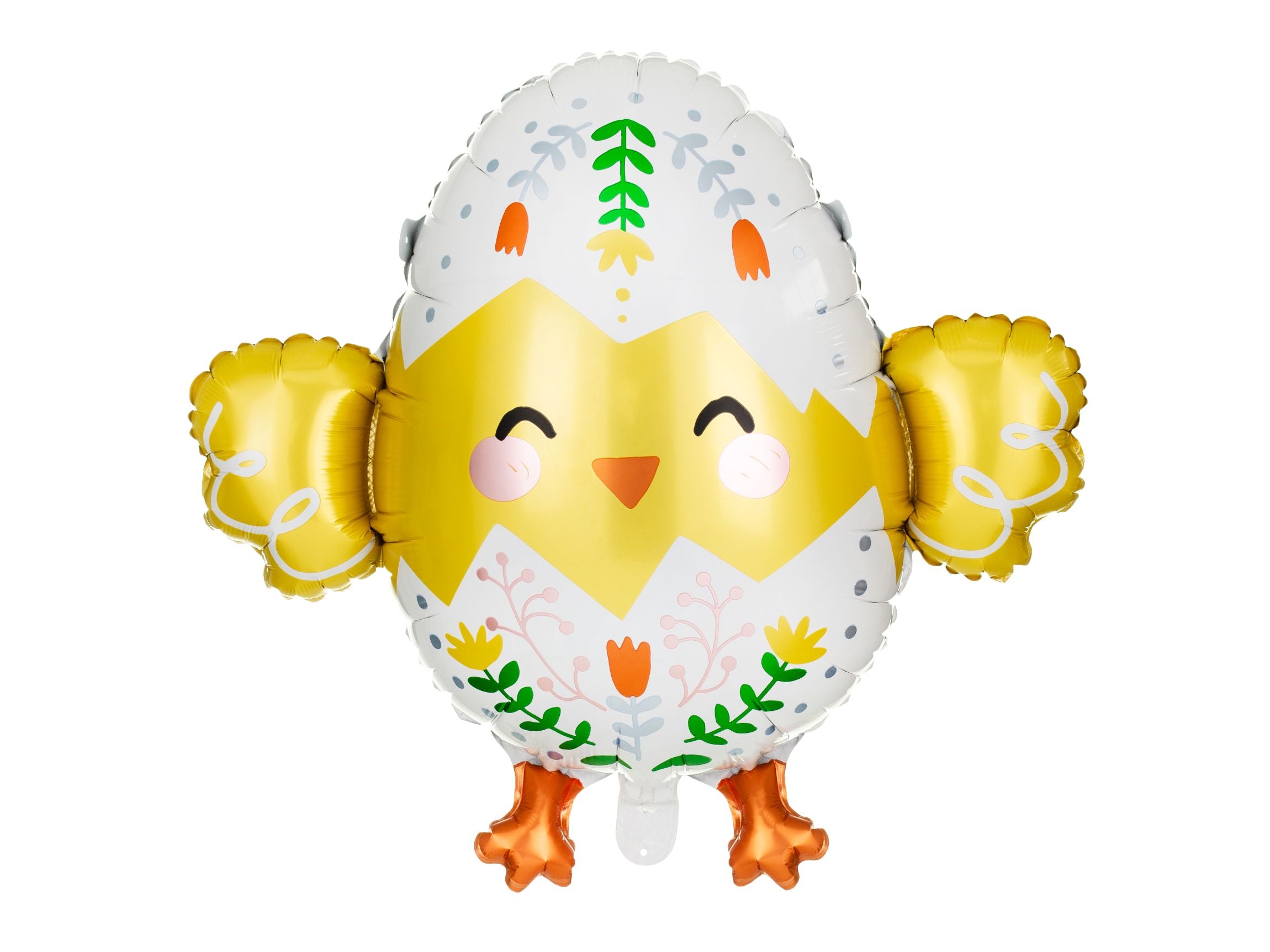 Large white and yellow foil balloon in the shape of a chick hatching from a floral egg with orange webbed feet.