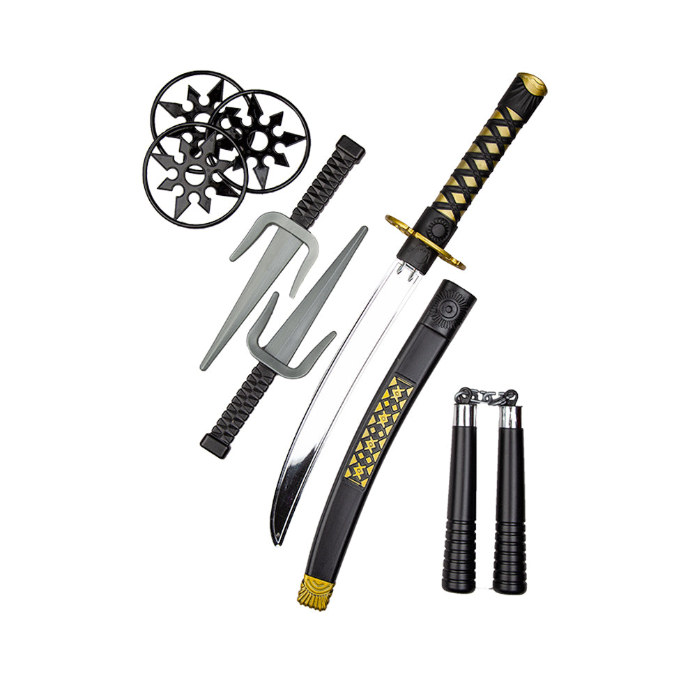 Set of toy martial arts ninja weapons including a sword, shuriken, and nunchaku on a white background
