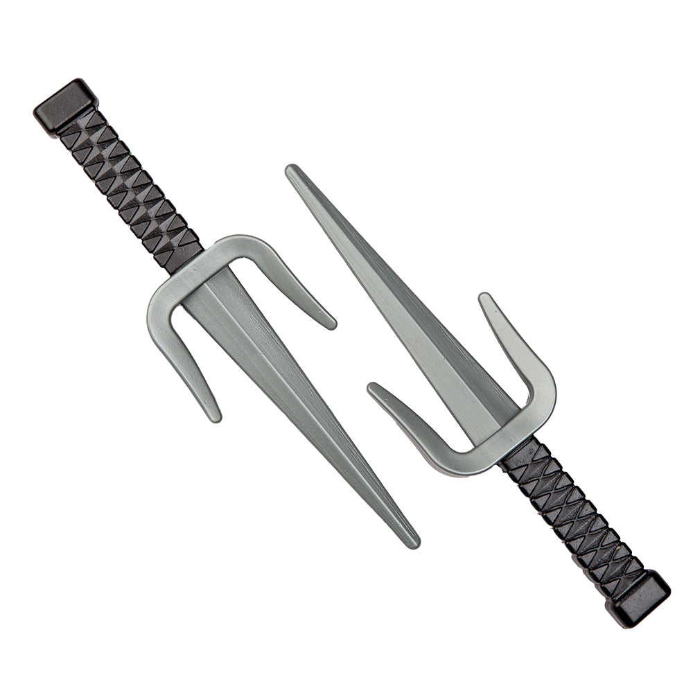 Two ninja dagger weapons with black handles on a white background