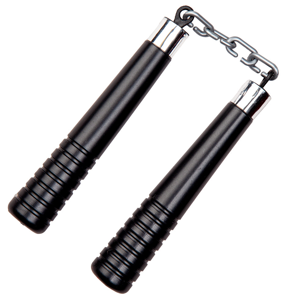Black nunchaku with silver chain on a white background