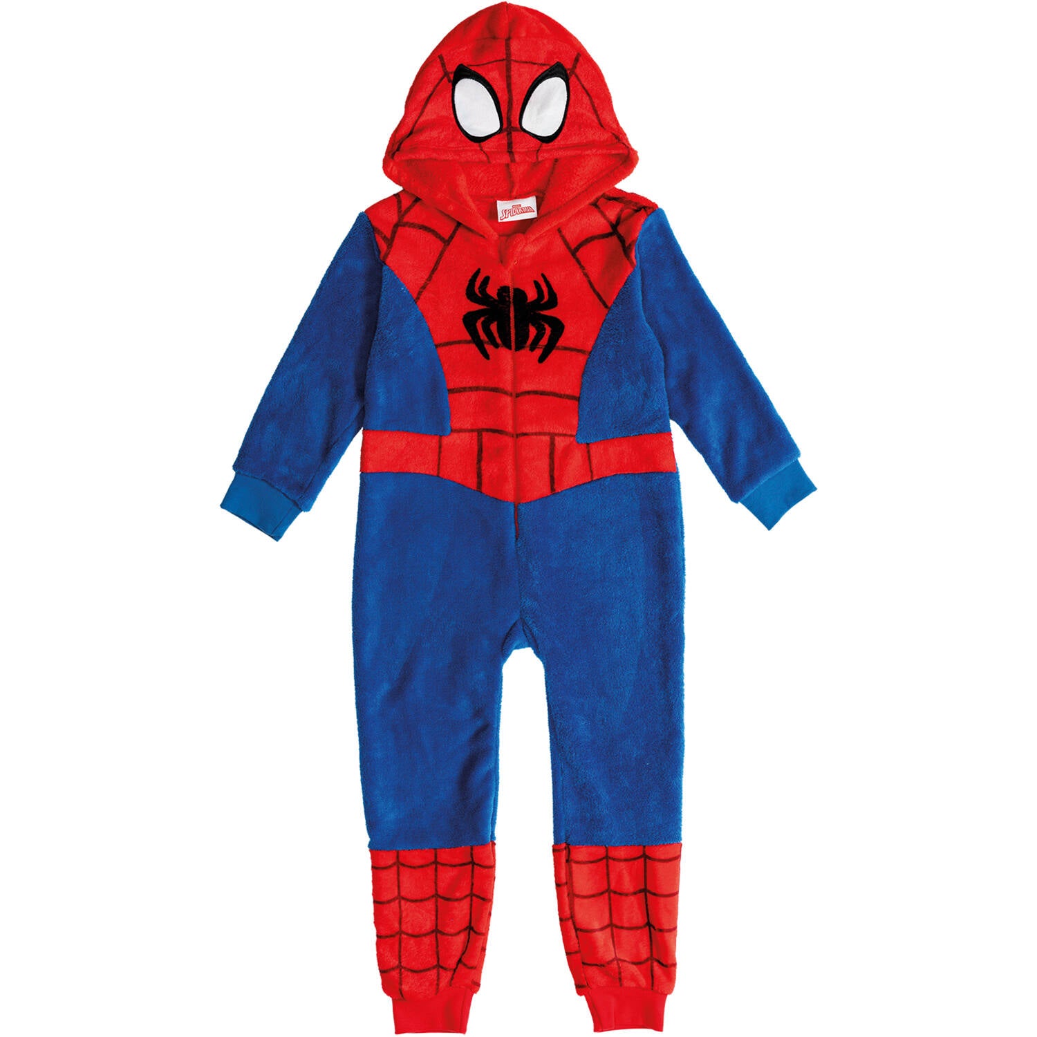 A front-view flat lay of a blue and red kids' Spider-Man fleece onesie featuring a front zipper, a black spider logo, and a character hood with white eyes.