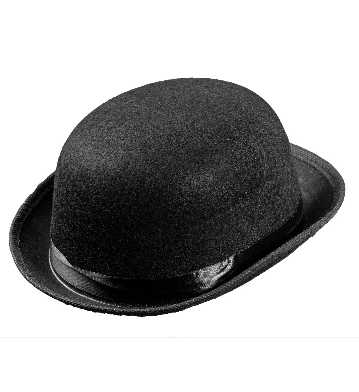A single black felt bowler hat with a satin black ribbon band, shown at an angle, isolated on a white background.