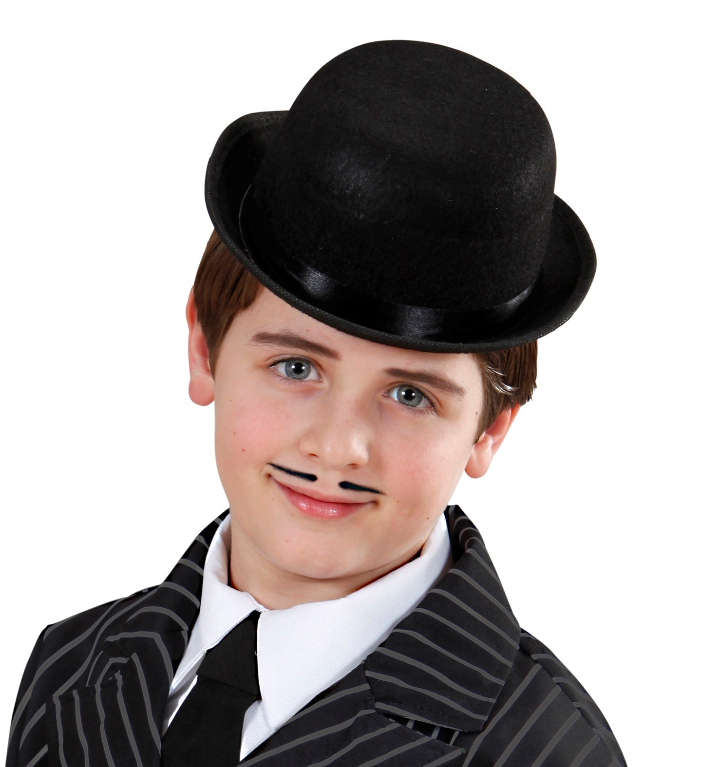 A close-up of a child smiling, wearing a black felt bowler hat and a black pinstriped suit with a white shirt and black tie. The child has a drawn-on mustache.