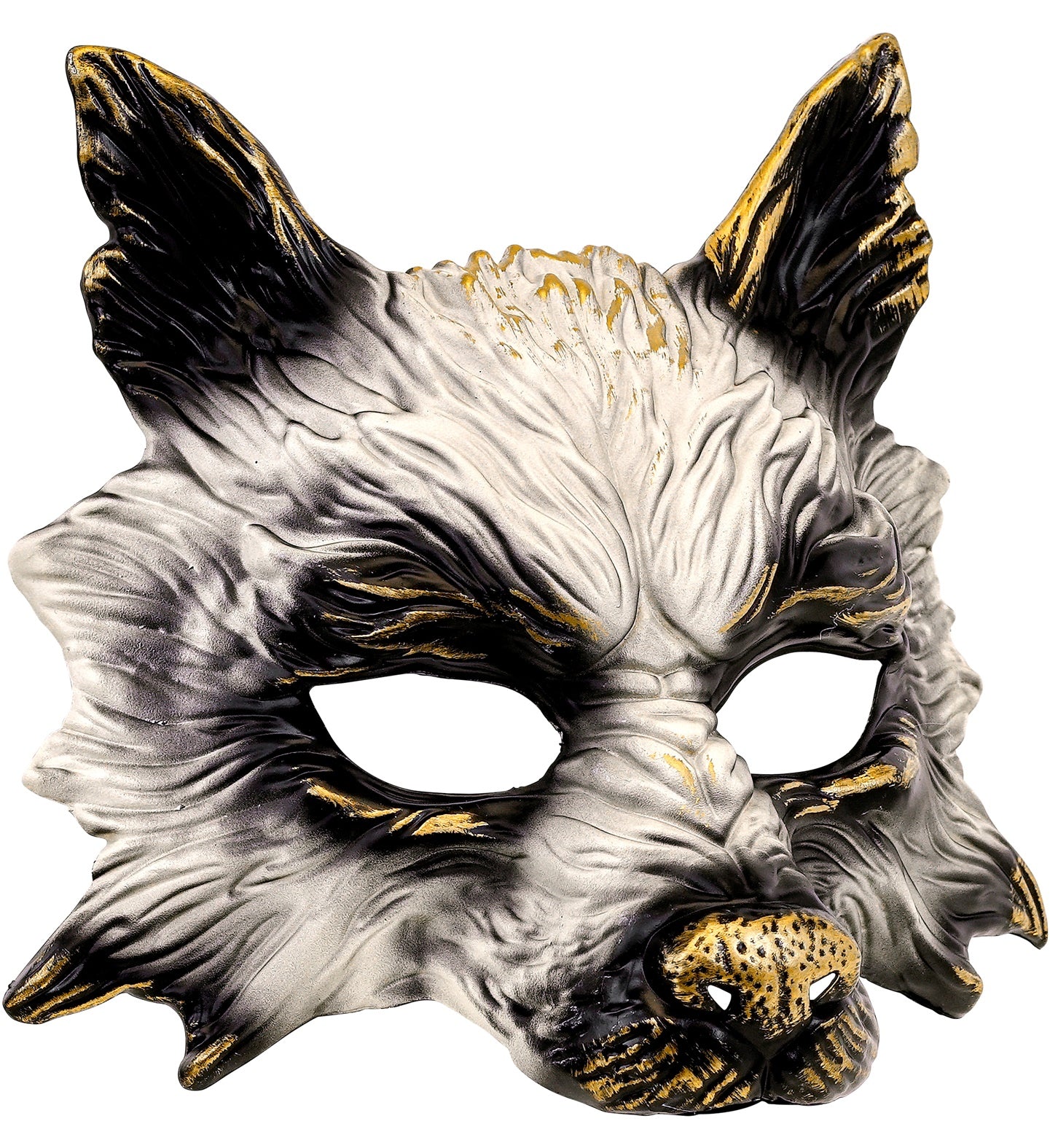 A detailed white and gold chinless wolf masquerade mask with sculpted fur texture, shown on a white background.