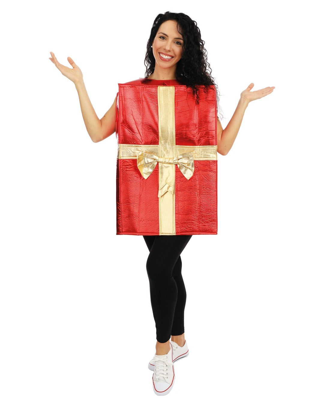 A woman modeling the red and gold gift box costume tunic, smiling with her arms outstretched.