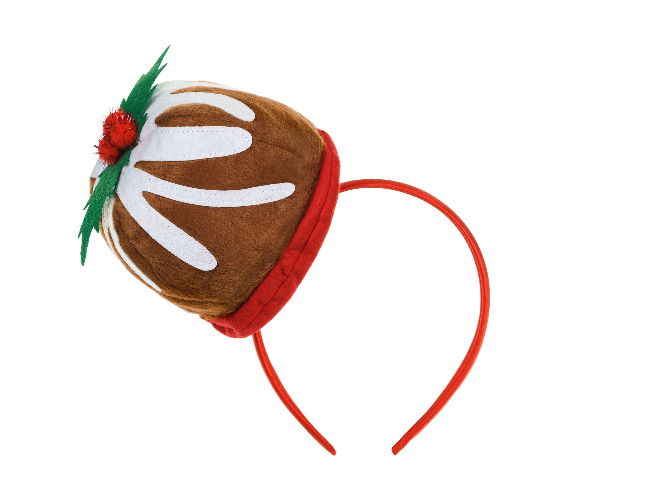 A red headband with a plush, brown Christmas pudding attached, decorated with white icing and a mistletoe sprig.