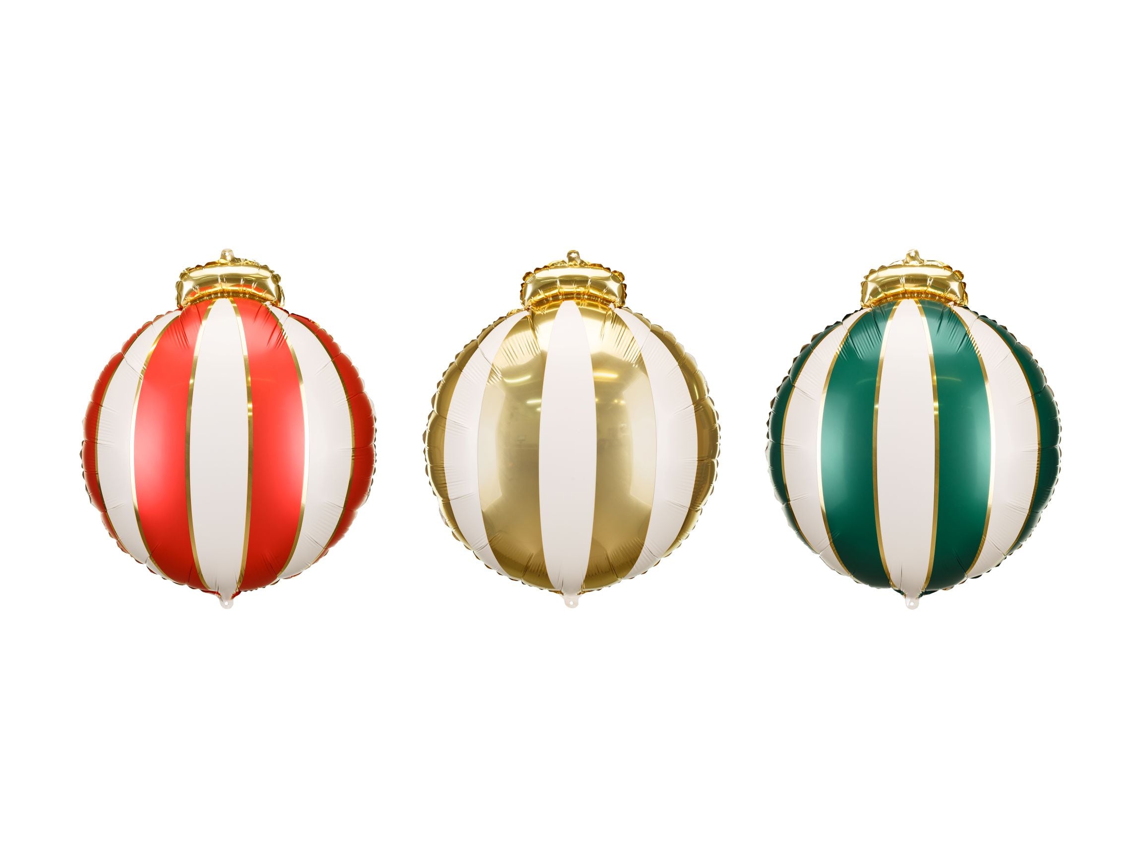 A set of three large, round foil balloons shaped like striped Christmas baubles in red/white, gold/white, and green/white.