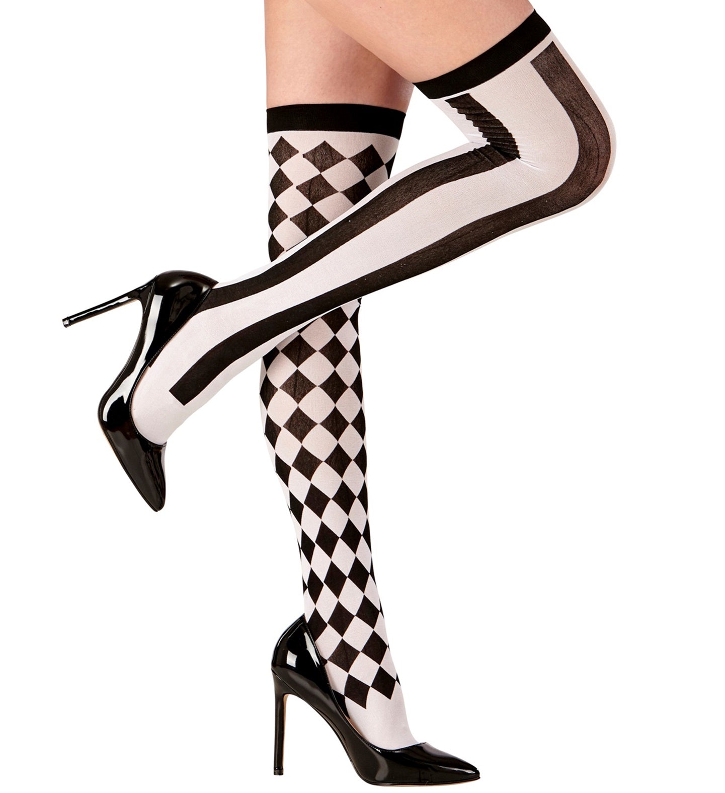A pair of opaque black and white mismatched thigh-high stockings featuring bold vertical stripes on one leg and a diamond harlequin pattern on the other.
