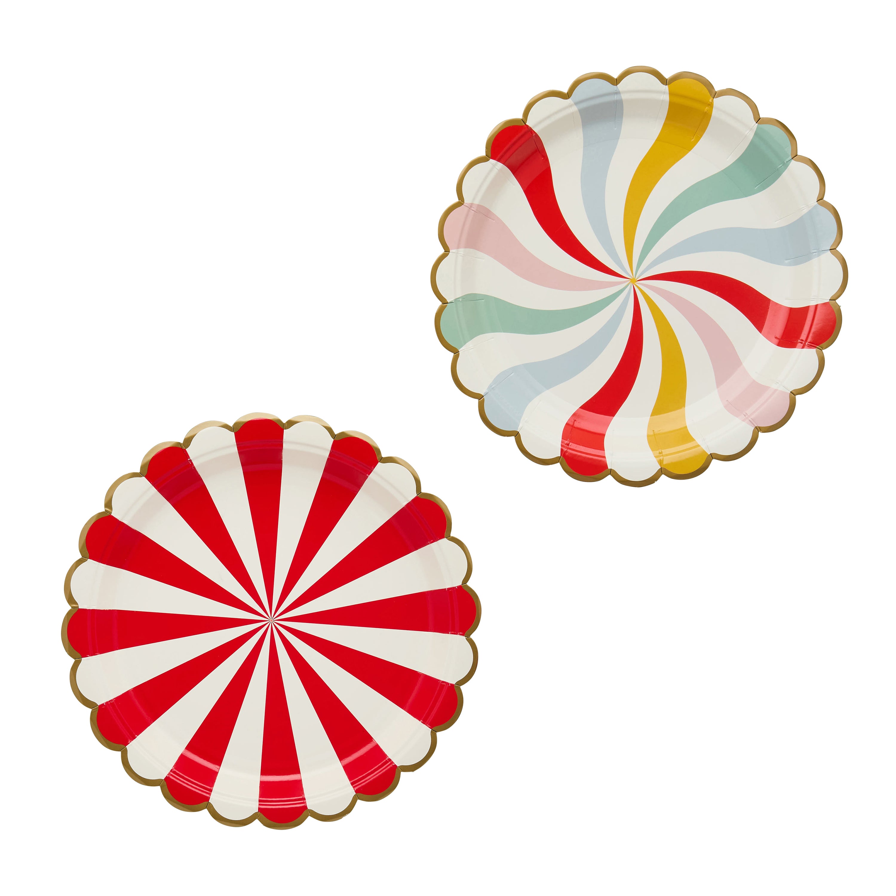 Two circus party paper plates with scalloped gold edges; one with red and white stripes and one with a colorful pastel swirl design.