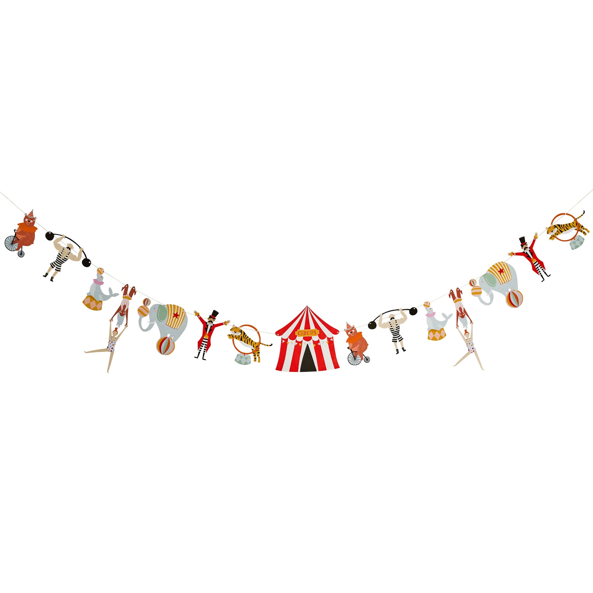 The complete 3m vintage circus garland shown against a white background, featuring the ringmaster, strongman, and circus tent.