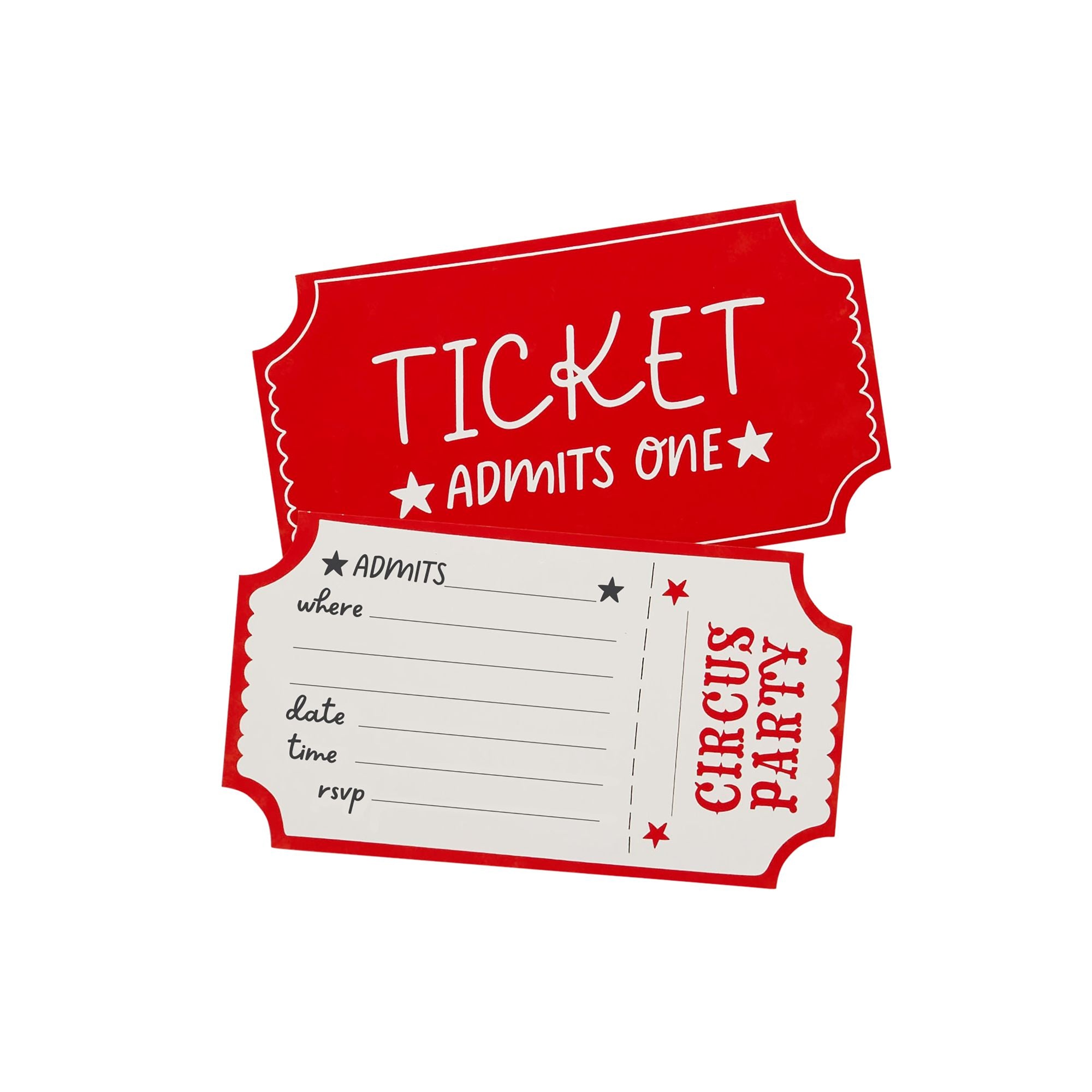 Close-up of the front and back of the vintage red "Ticket Admits One" circus invitation cards.