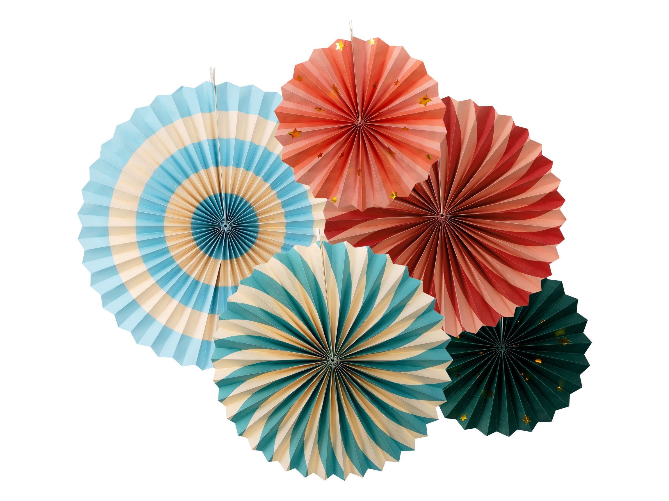 Five assorted circus theme decorative paper rosettes in teal, red, and emerald with star patterns.