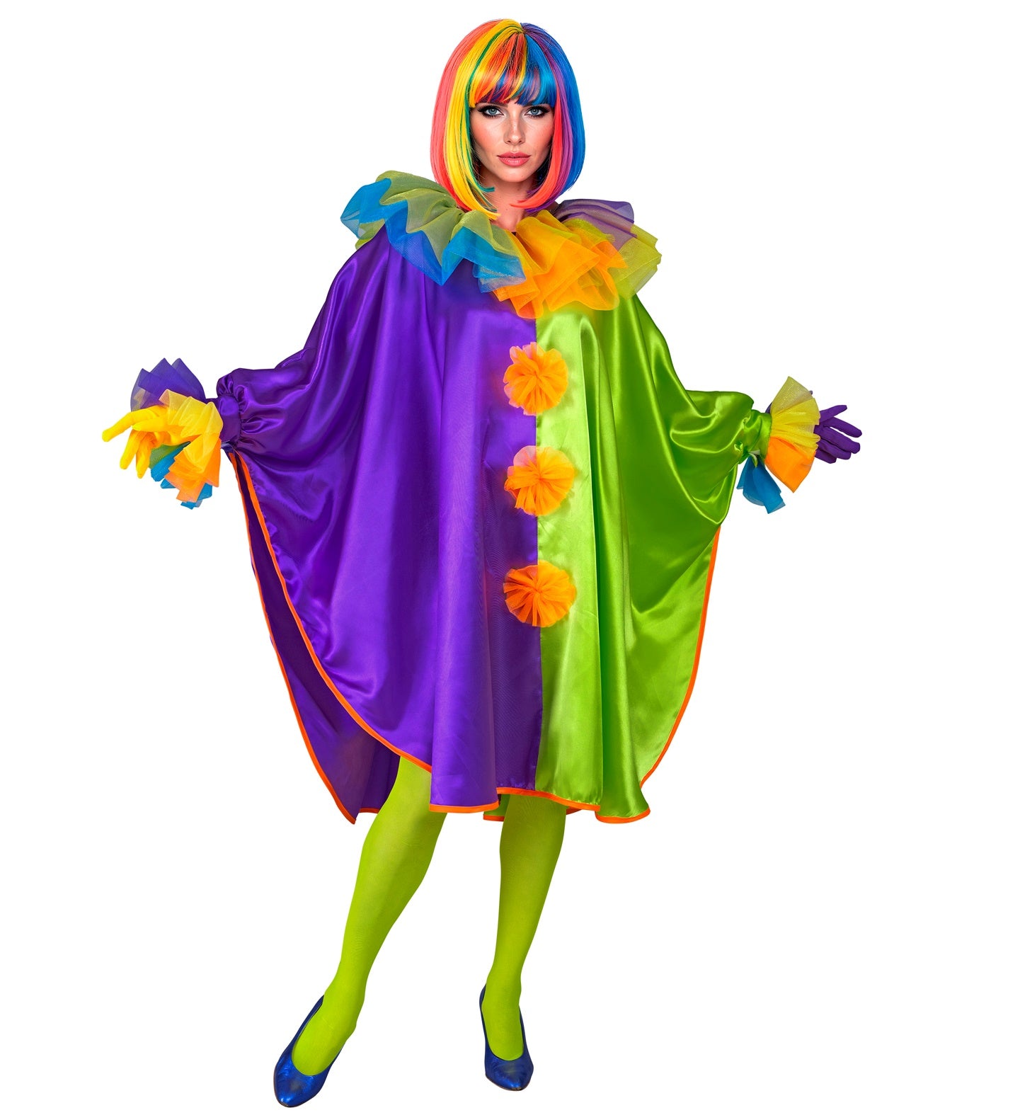 A woman models a vibrant clown poncho costume, which is half purple and half green, featuring a rainbow bob wig and colorful ruffles.