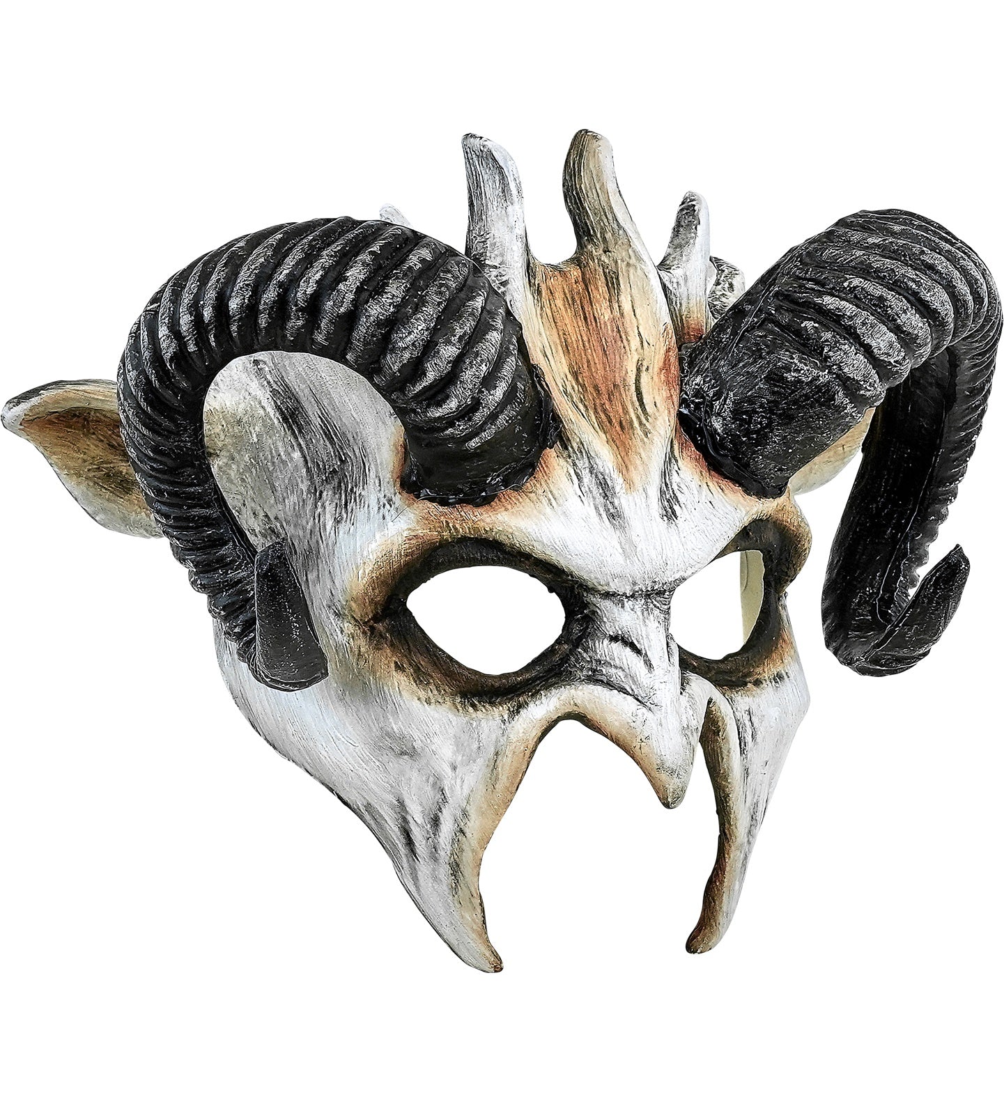 Side profile of a horned demon masquerade mask, showing the depth of the sculpted horns and the pointed cheek details.