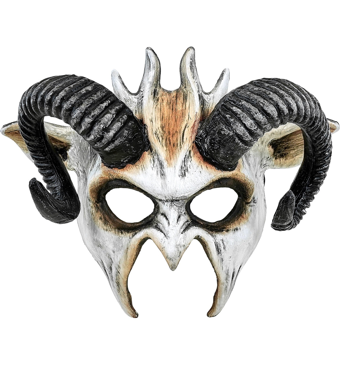 A theatrical Commedia Dell'Arte style demon mask with large curved horns and an aged white and brown finish, shown on a white background.