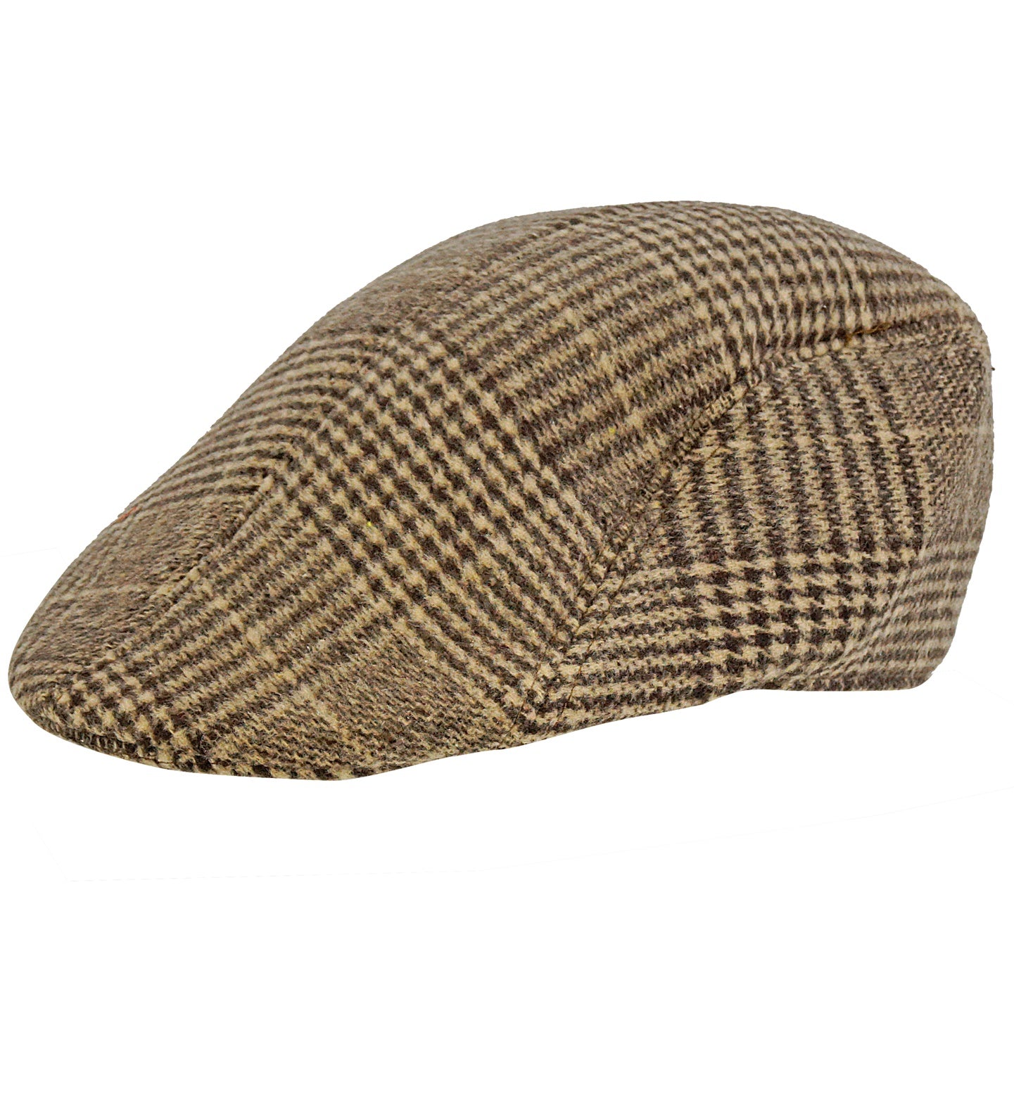 A close-up of a classic Coppola-style gangster flat cap with a brown and beige houndstooth pattern.