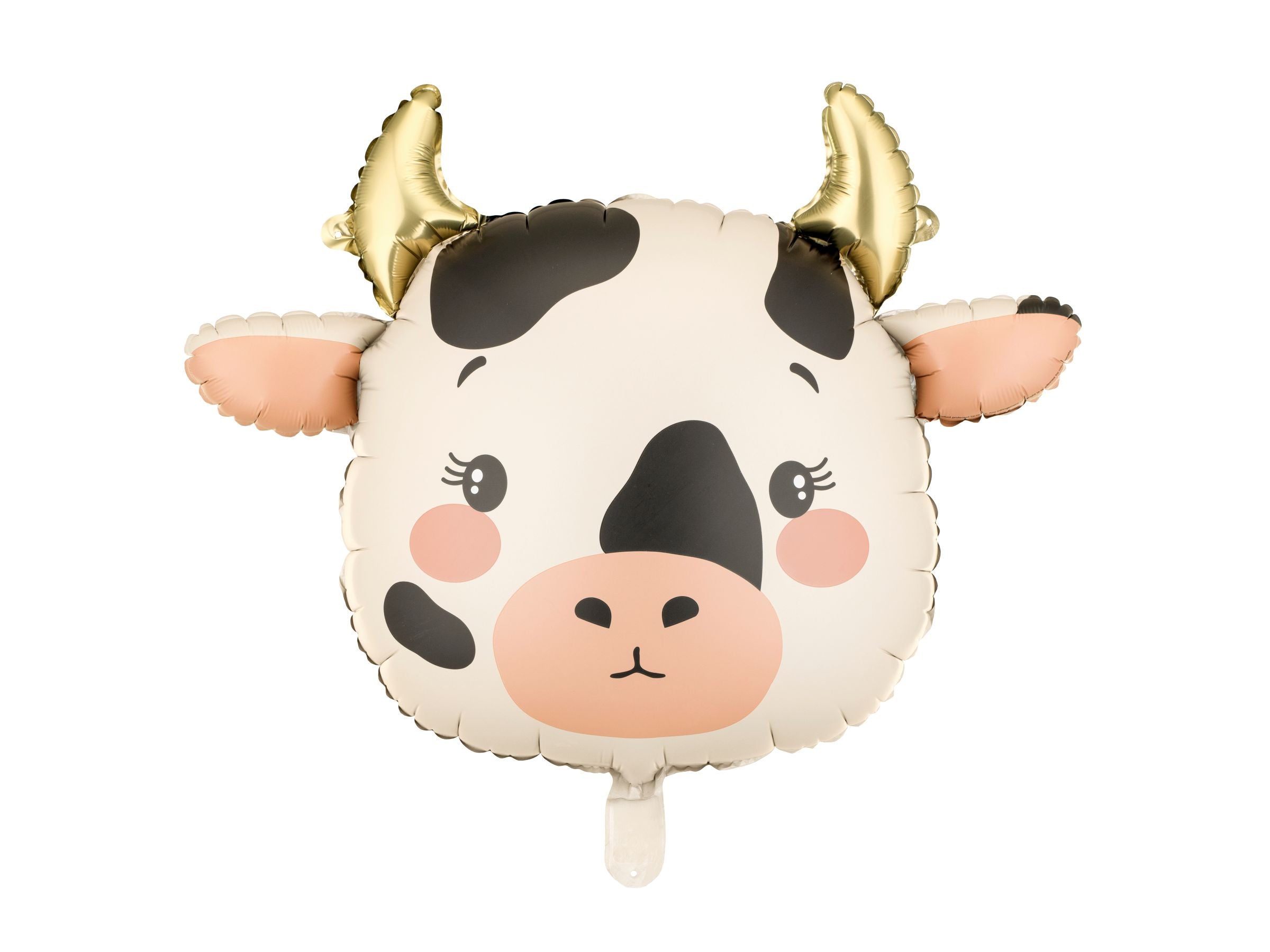 A shaped foil balloon of a sweet cow face in cream and black with pink blushing cheeks and metallic gold horns, isolated on a white background.