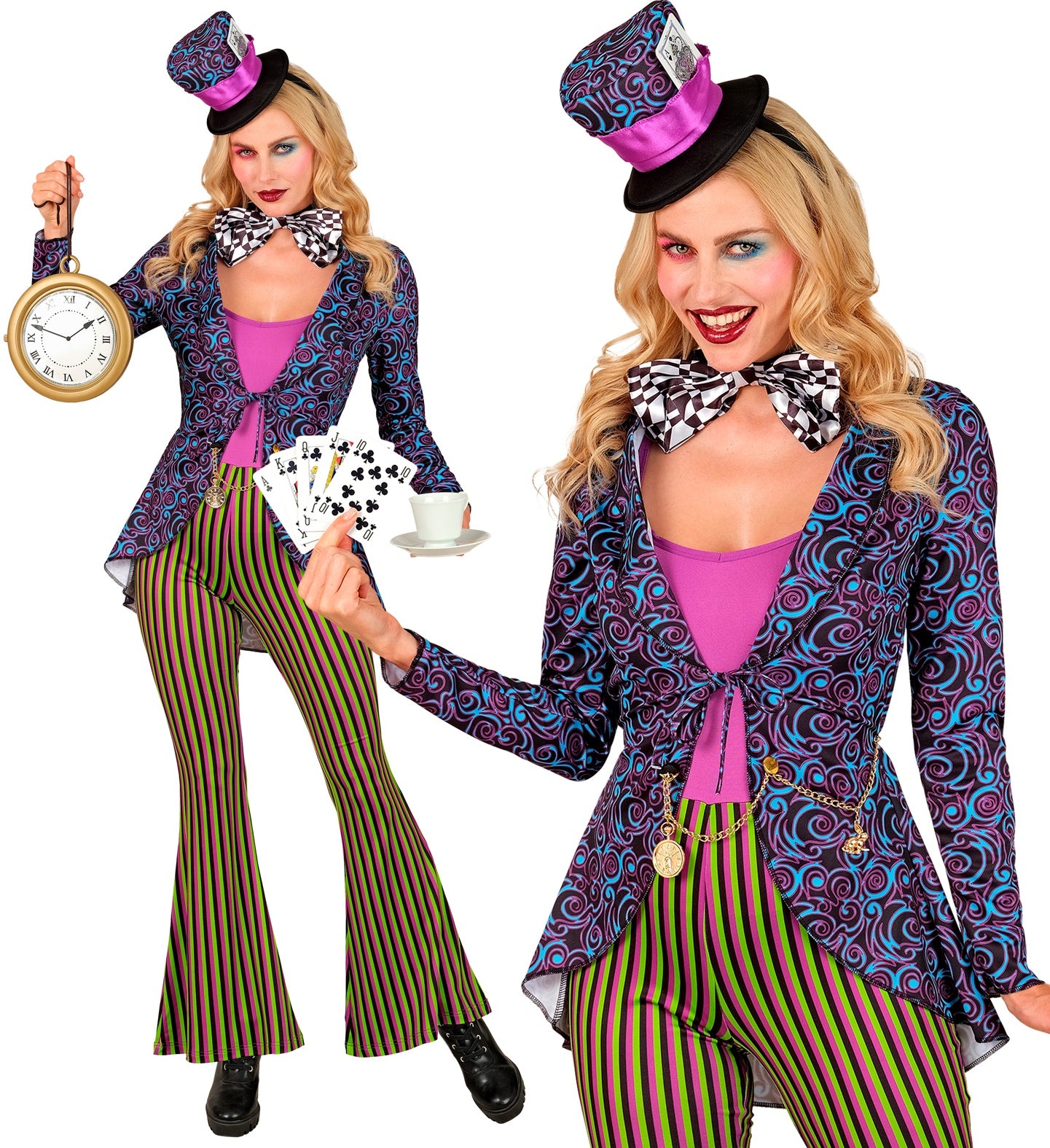 A multi-panel detail shot of a women's Mad Hatter fancy dress costume, highlighting the mini top hat with a playing card, the oversized checkered bow tie, the eccentric striped flared trousers, and the attached gold pocket watch chain with a bunny charm.