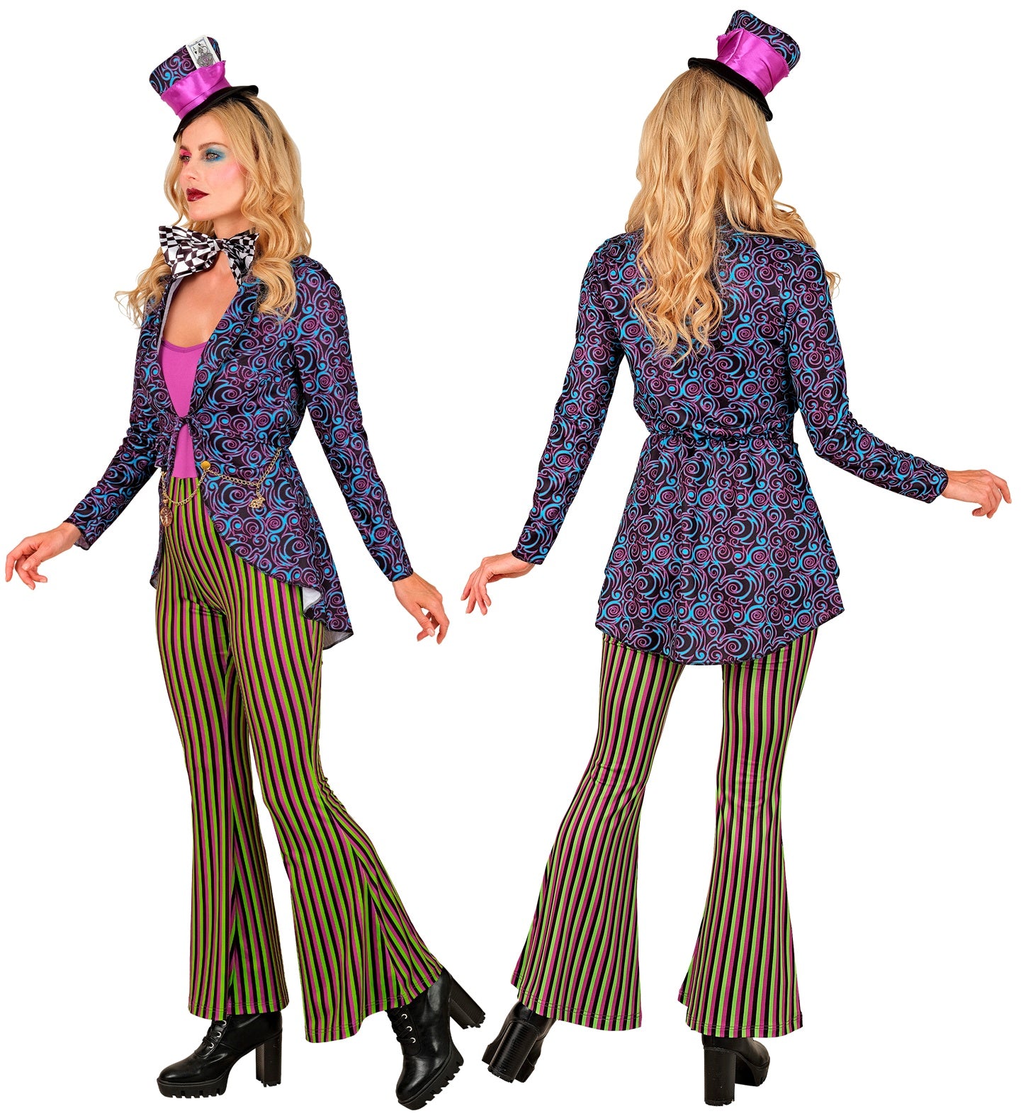 Two angles of a blonde model wearing a vibrant Crazy Hatter Lady costume, showing the front fit of the green and purple striped flared jumpsuit and the back view of the purple swirly tailcoat jacket.