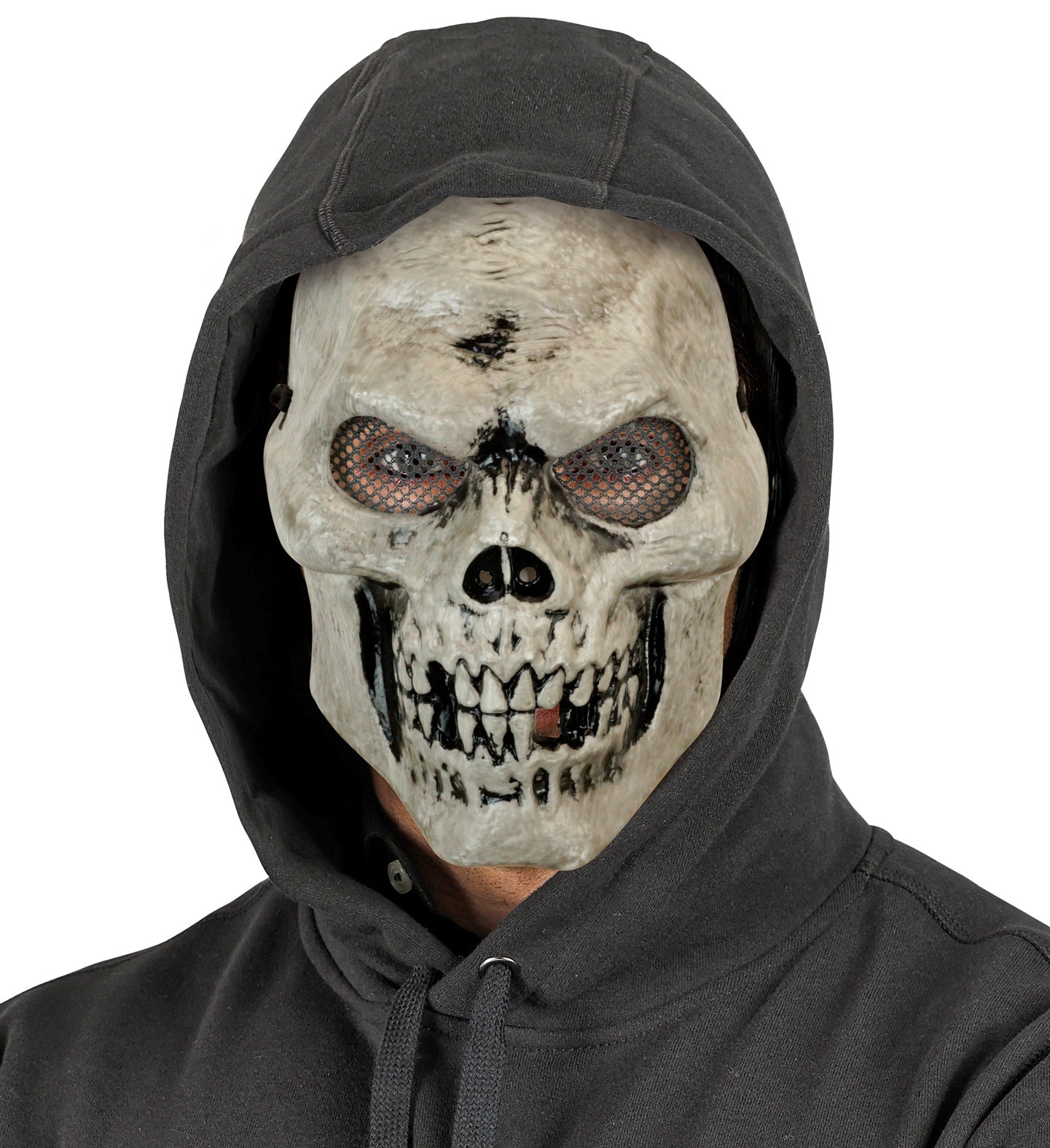 A person wearing the creepy skull mask with a black hoodie pulled up for a modern horror villain look.