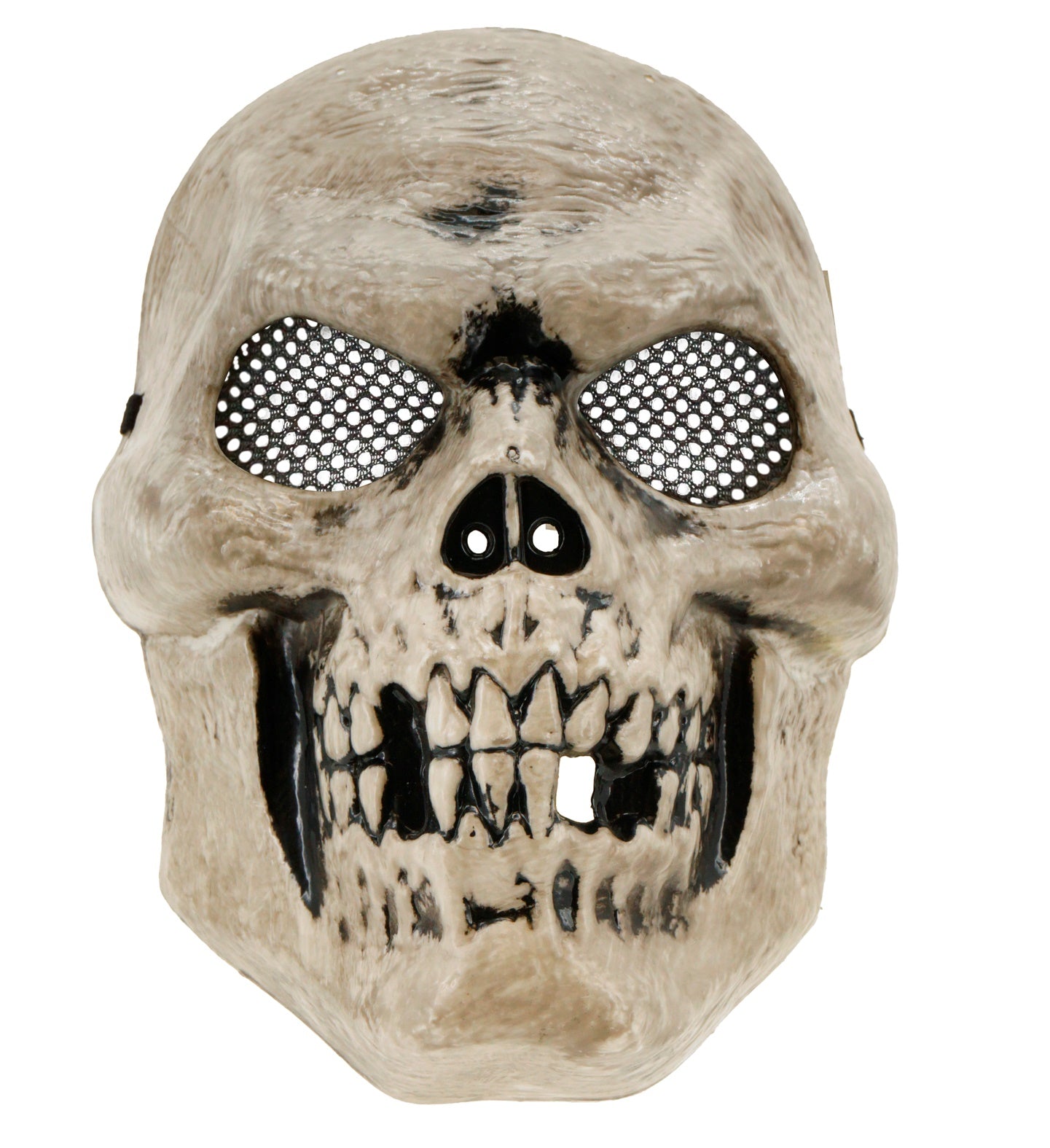 A hard plastic creepy skull mask with a weathered bone finish, a missing tooth, and black mesh over the eye sockets.
